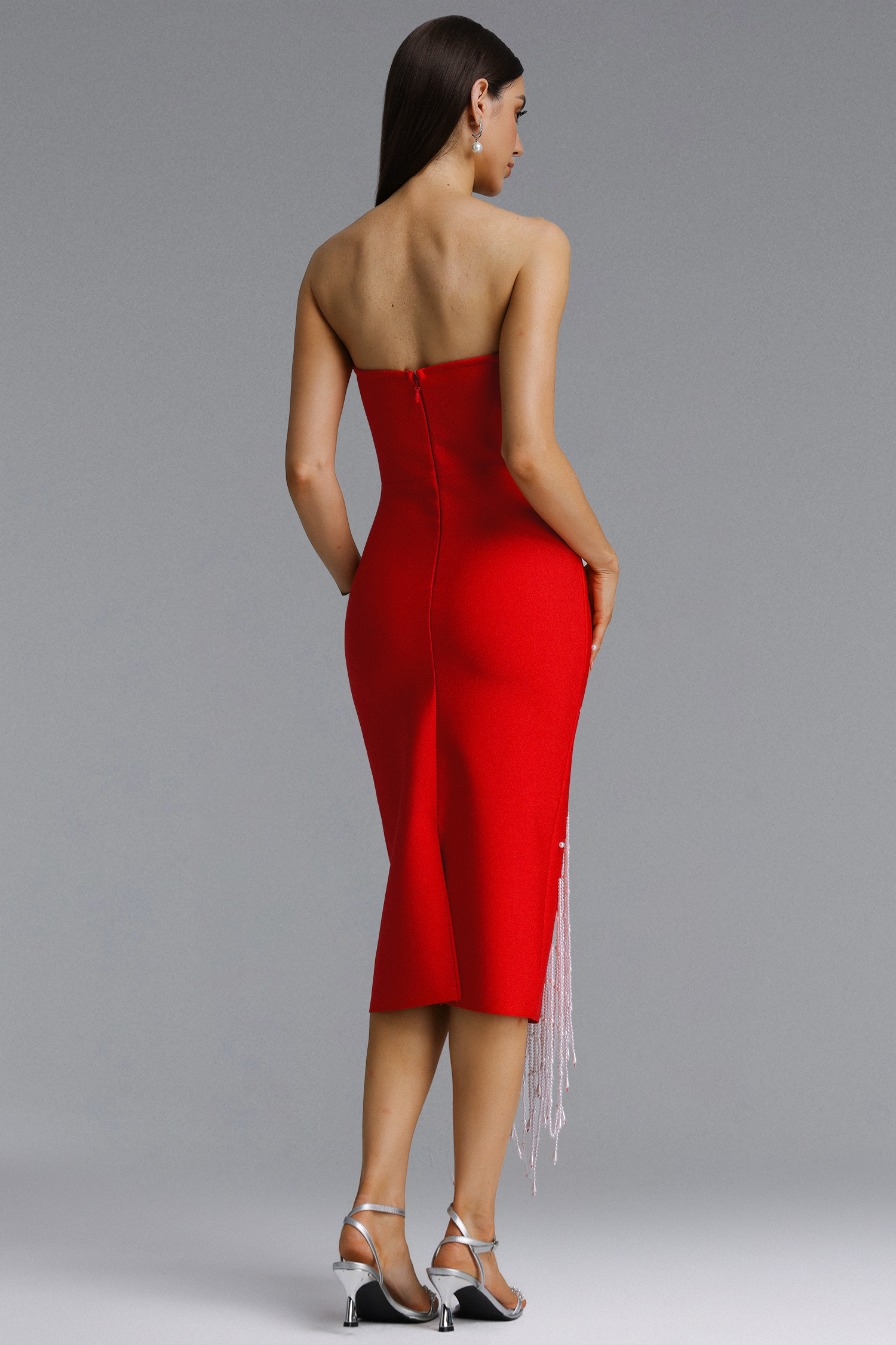 Lafare Chic Contour Strapless Pearl Fringe Red Bandage Maxi Dress