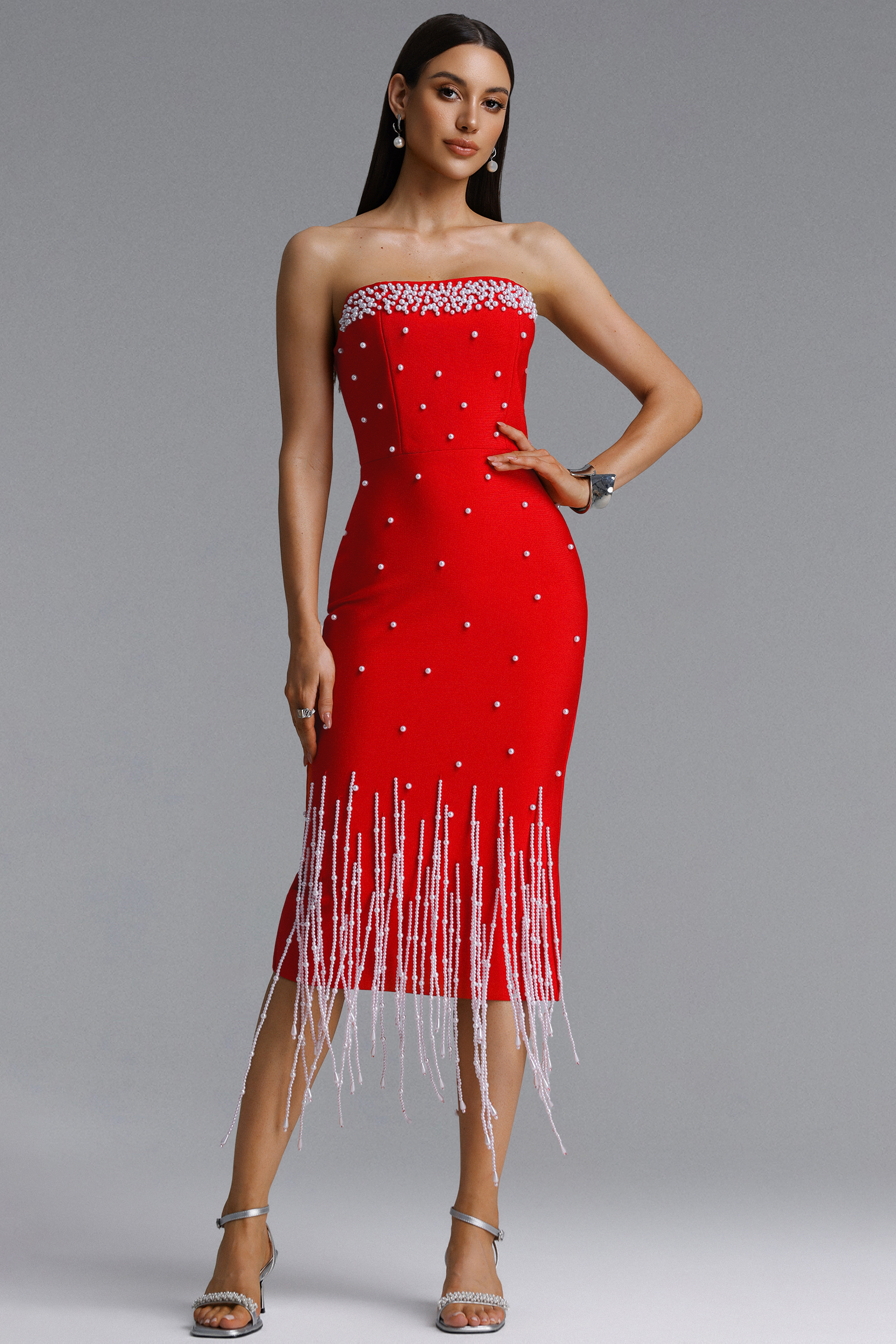 Lafare Chic Contour Strapless Pearl Fringe Red Bandage Maxi Dress