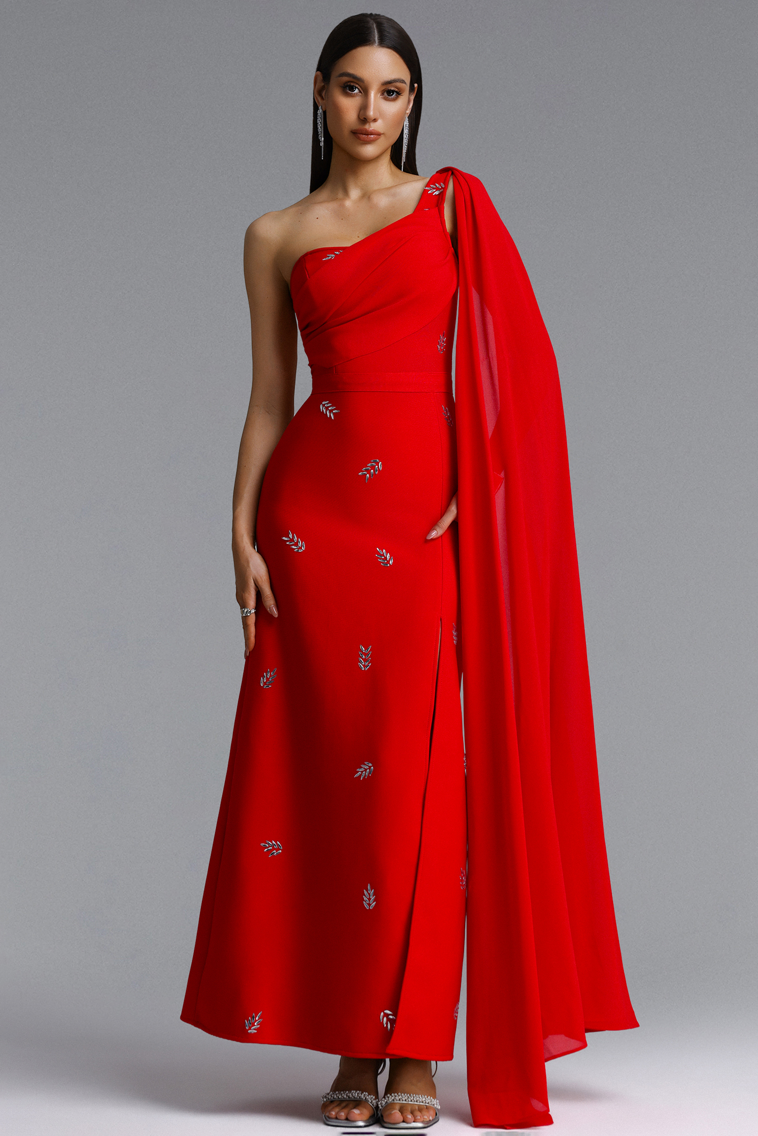 Presley Elegant One Shoulder Hotfix Rhinestone Slit Bandage Maxi Dress