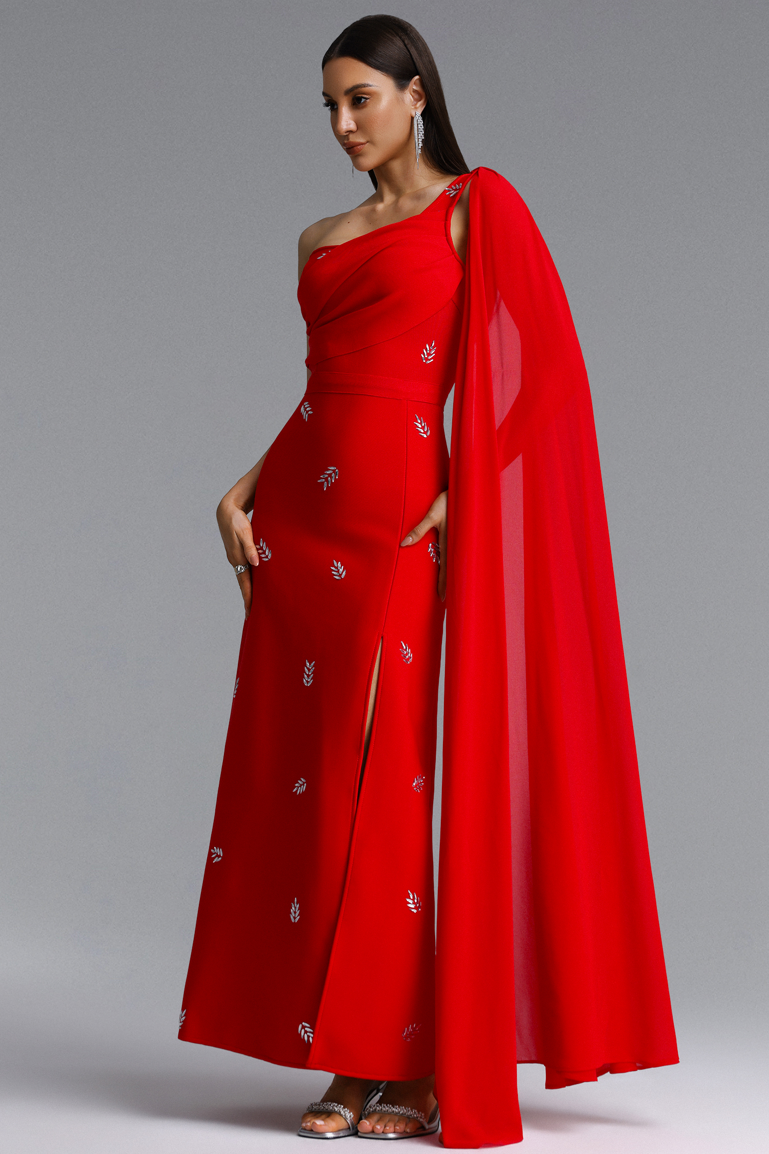 Presley Elegant One Shoulder Hotfix Rhinestone Slit Bandage Maxi Dress