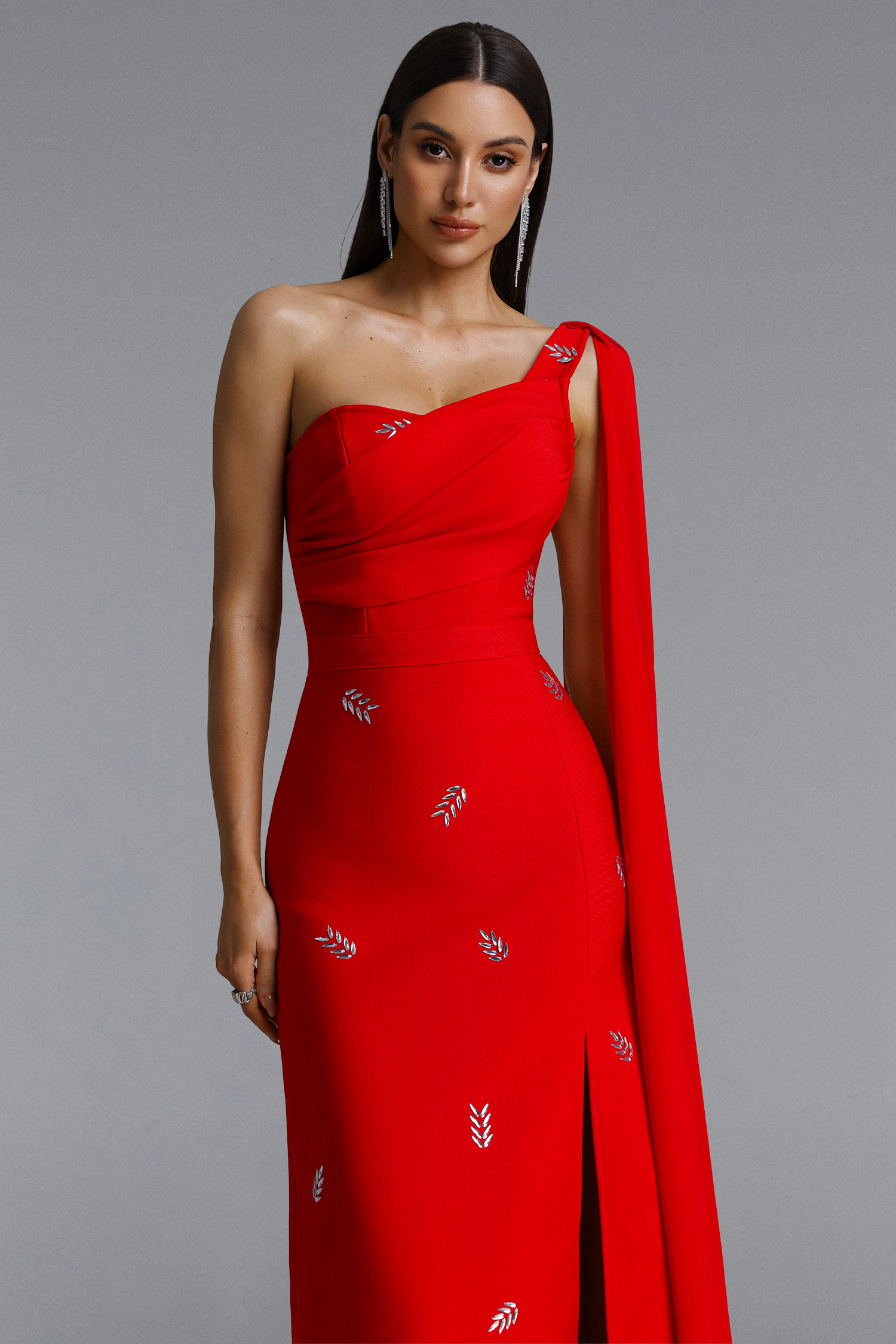 Presley Elegant One Shoulder Hotfix Rhinestone Slit Bandage Maxi Dress