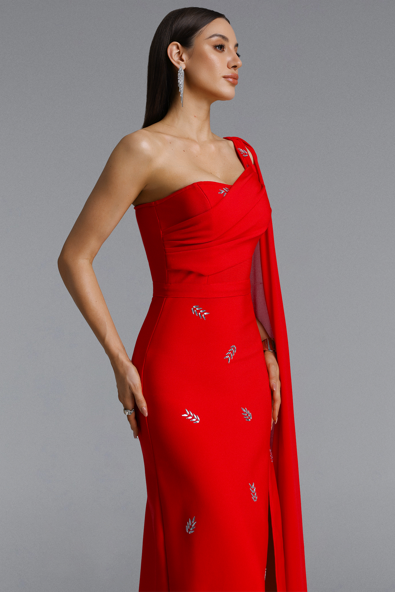 Presley Elegant One Shoulder Hotfix Rhinestone Slit Bandage Maxi Dress