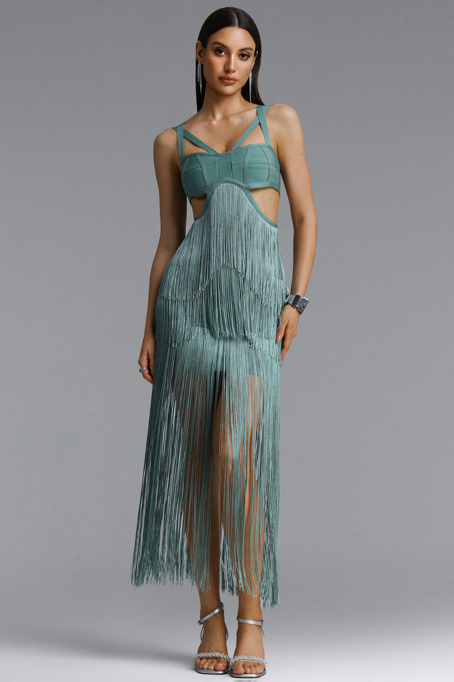 Josie Vintage Sleeveless Cut Out Tassel Bandage Midi Dress
