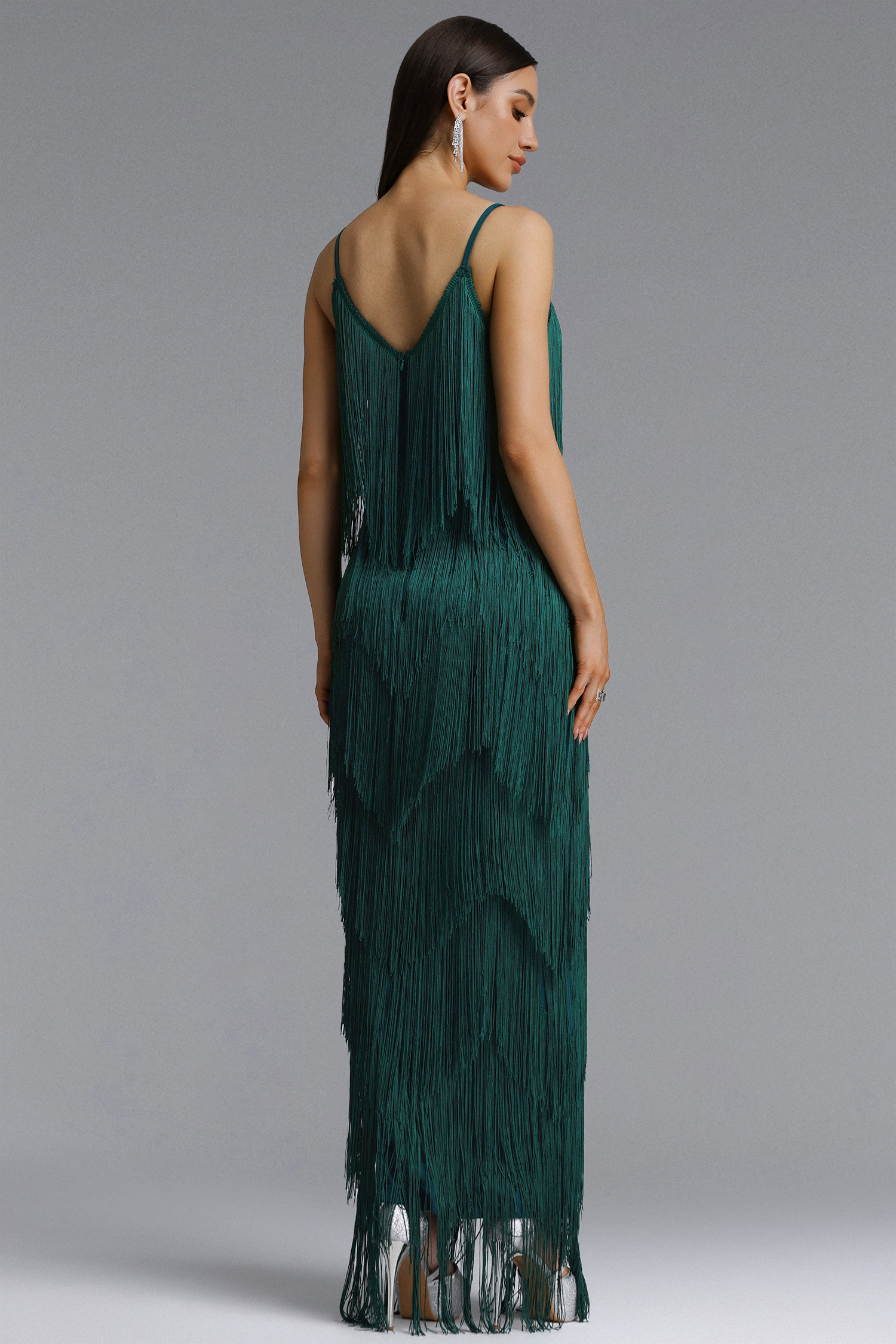 Alex Classic Contour V Neck Layered Fringe Green Bandage Maxi Dress