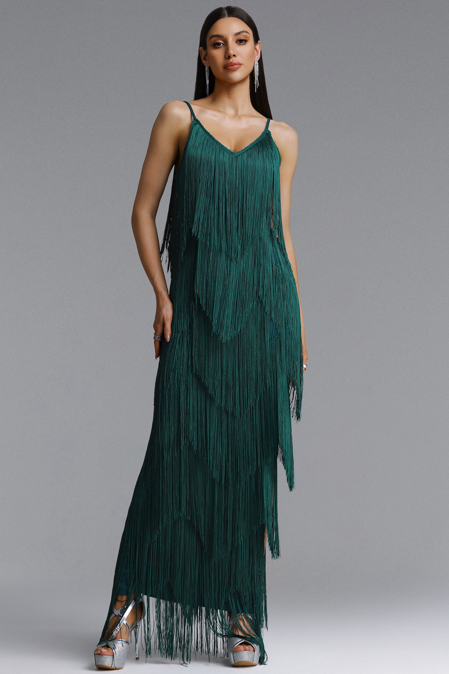 Alex Classic Contour V Neck Layered Fringe Green Bandage Maxi Dress