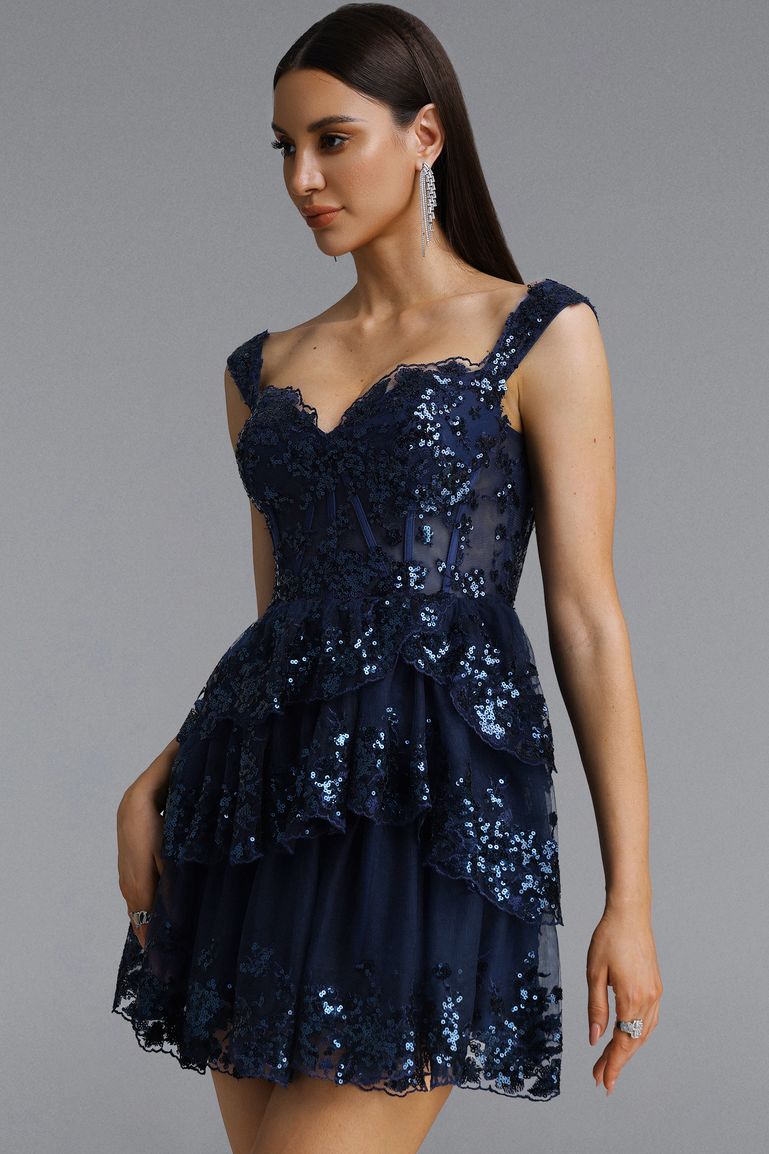 Verze Off Shoulder Sequin Lace Multi Layer Mini Dress