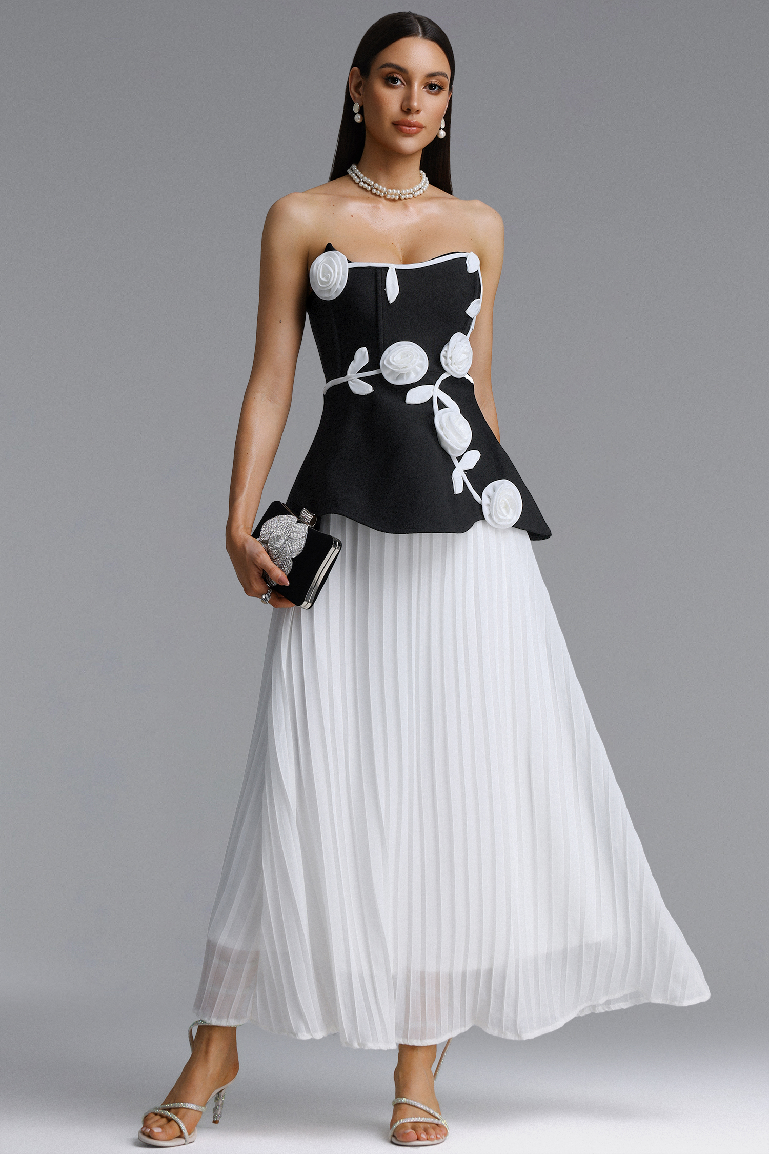 Niavia Elegant Strapless Floral Pleated Bandage Maxi Dress