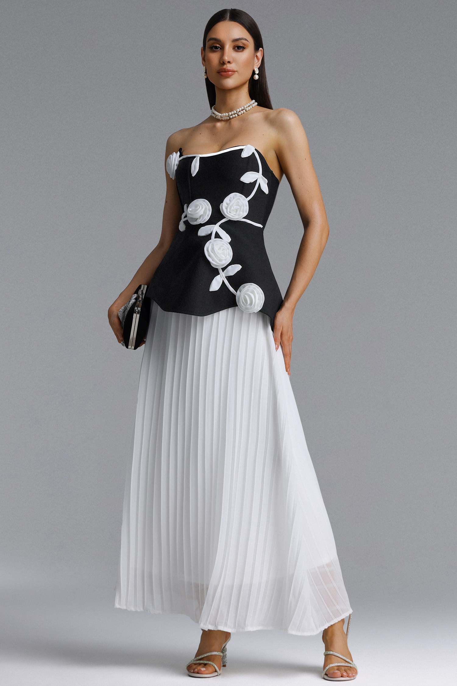 Niavia Elegant Strapless Floral Pleated Bandage Maxi Dress