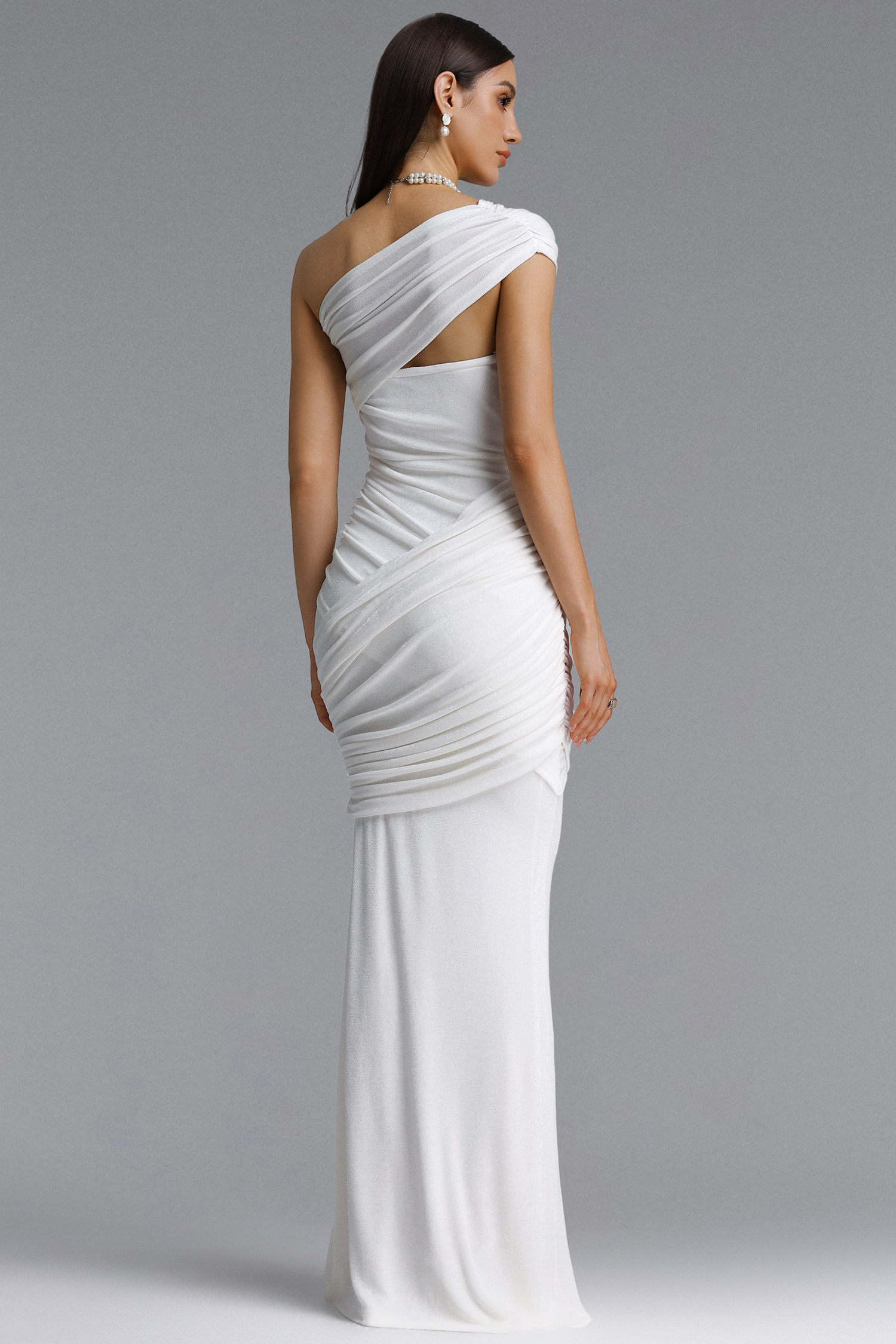 Yako Elegant Contout One Shoulder Draped Cross Ruched Maxi Dress