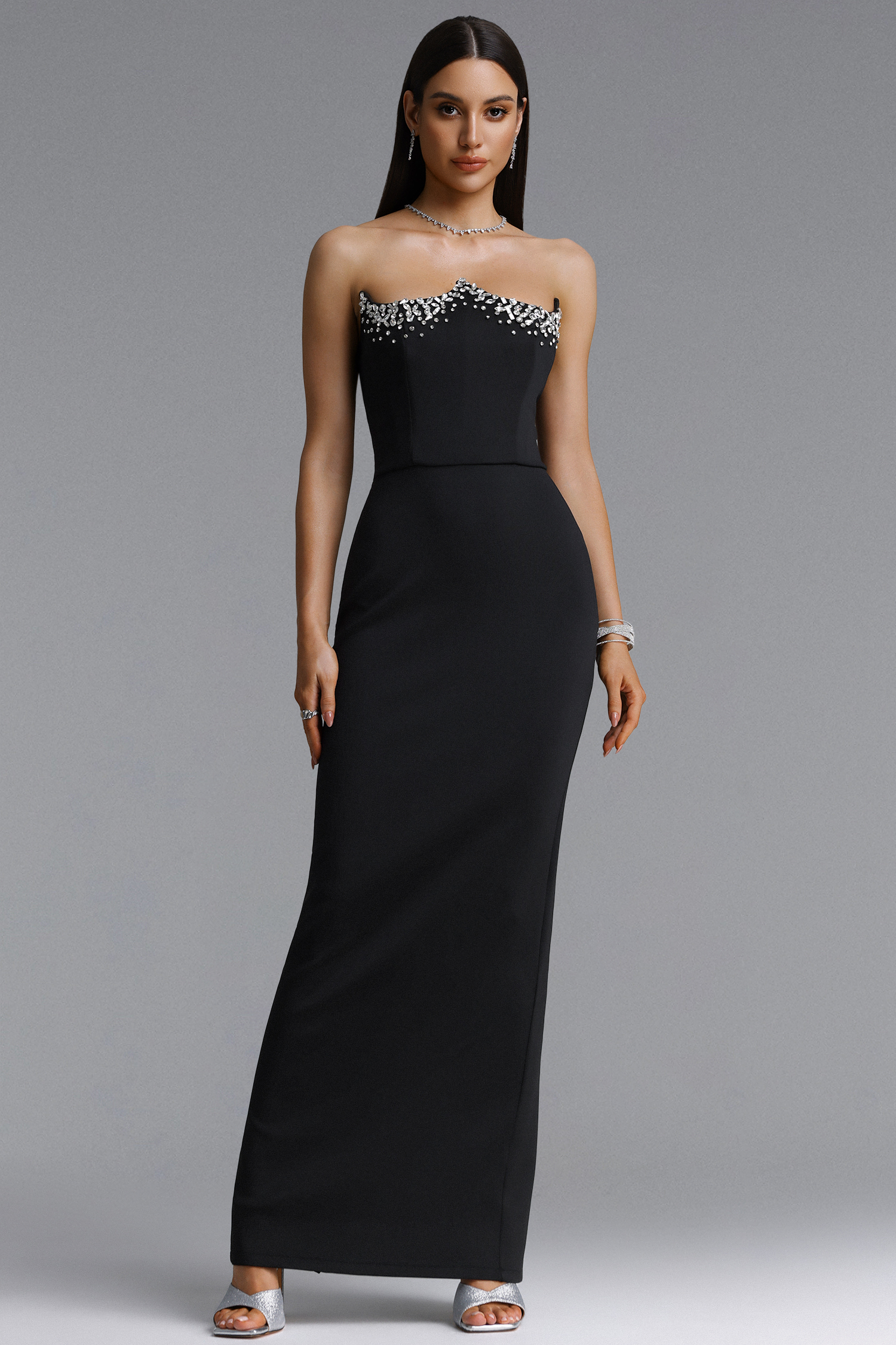 Verues Glamorous Starpless Rhinestone Bandage Maxi Dress