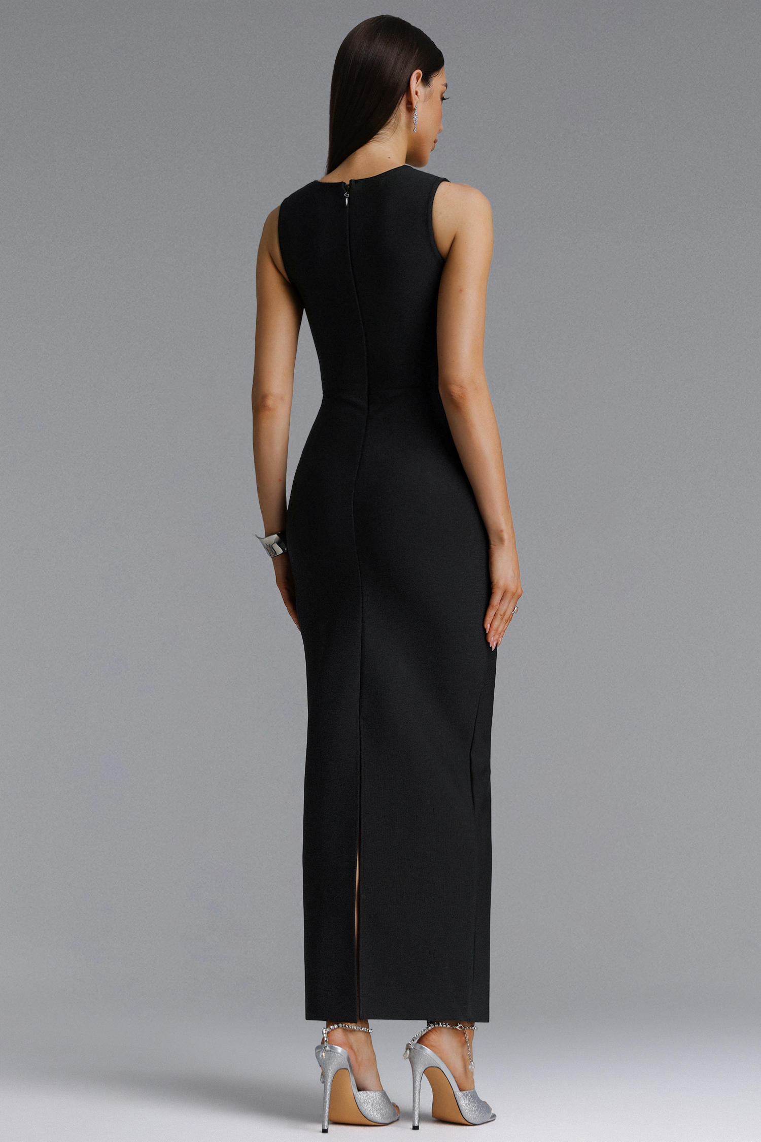Estella Luxury Sleeveless Square Neck Mirror Rhinestone Tassel Bandage Maxi Dress