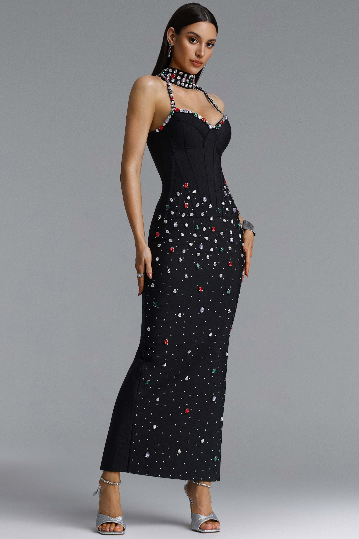 Simone Luxury Halter Rhinestone Bandage Maxi Dress