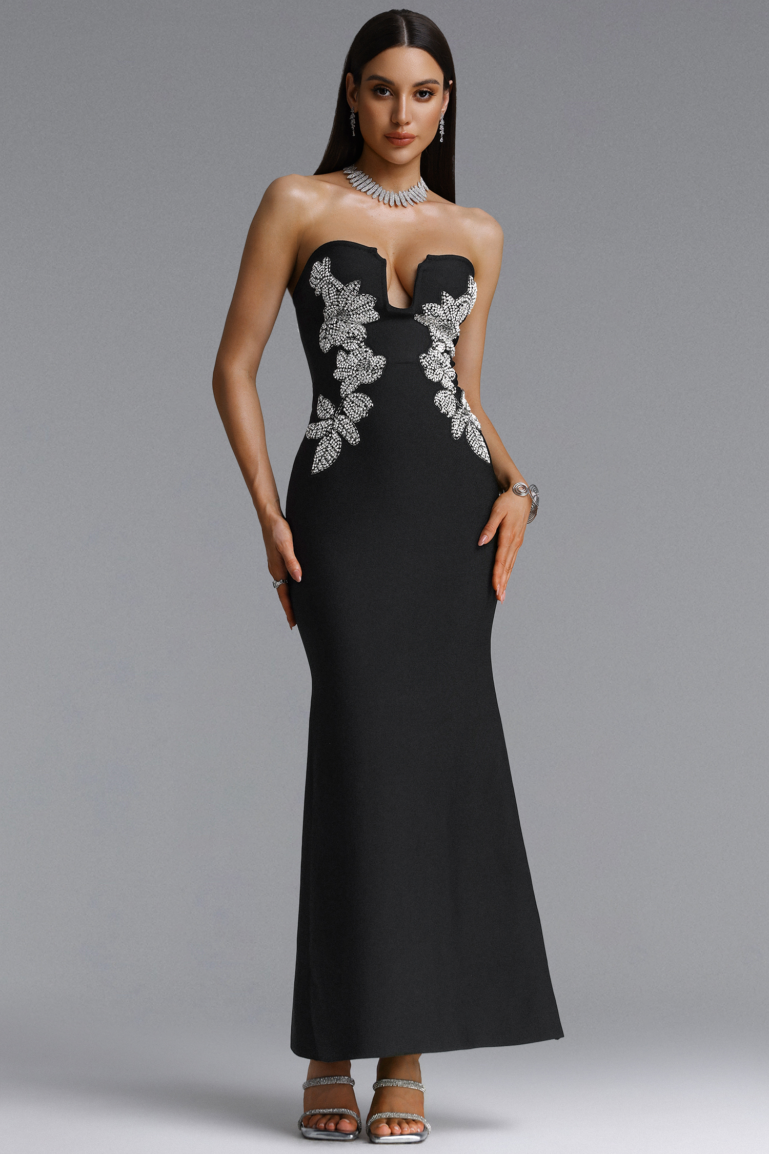 Elora Chic Contour Strapless Rhinestone Floral Bandage Maxi Dress