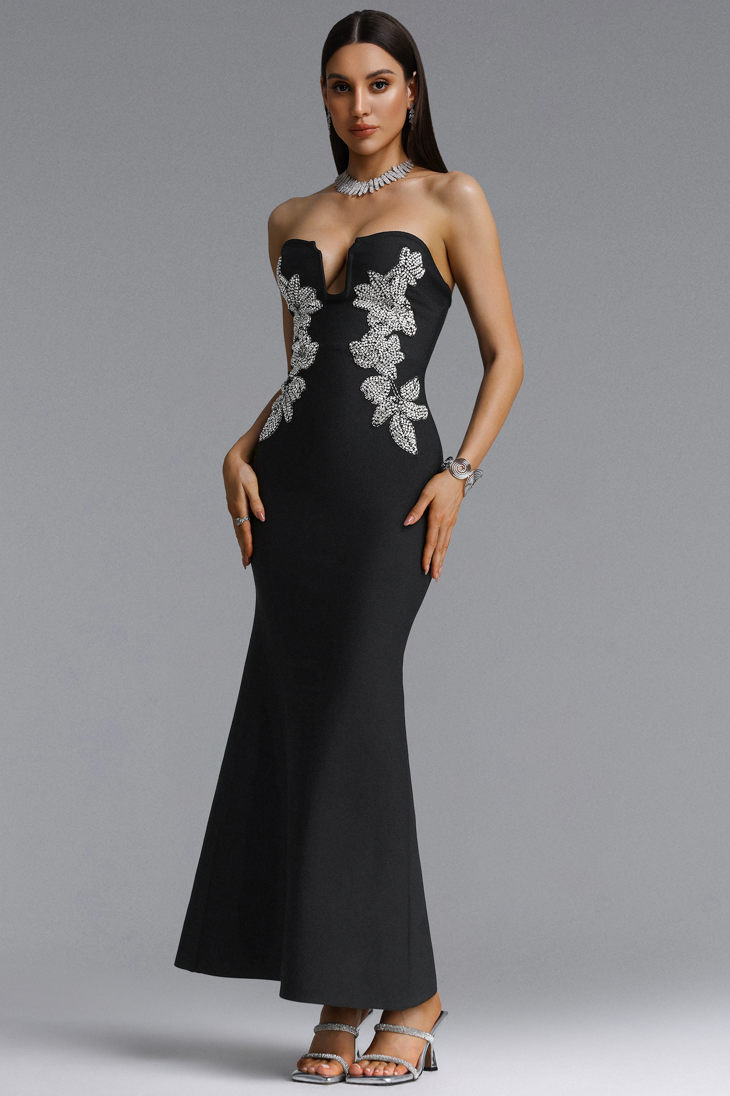 Elora Chic Contour Strapless Rhinestone Floral Bandage Maxi Dress