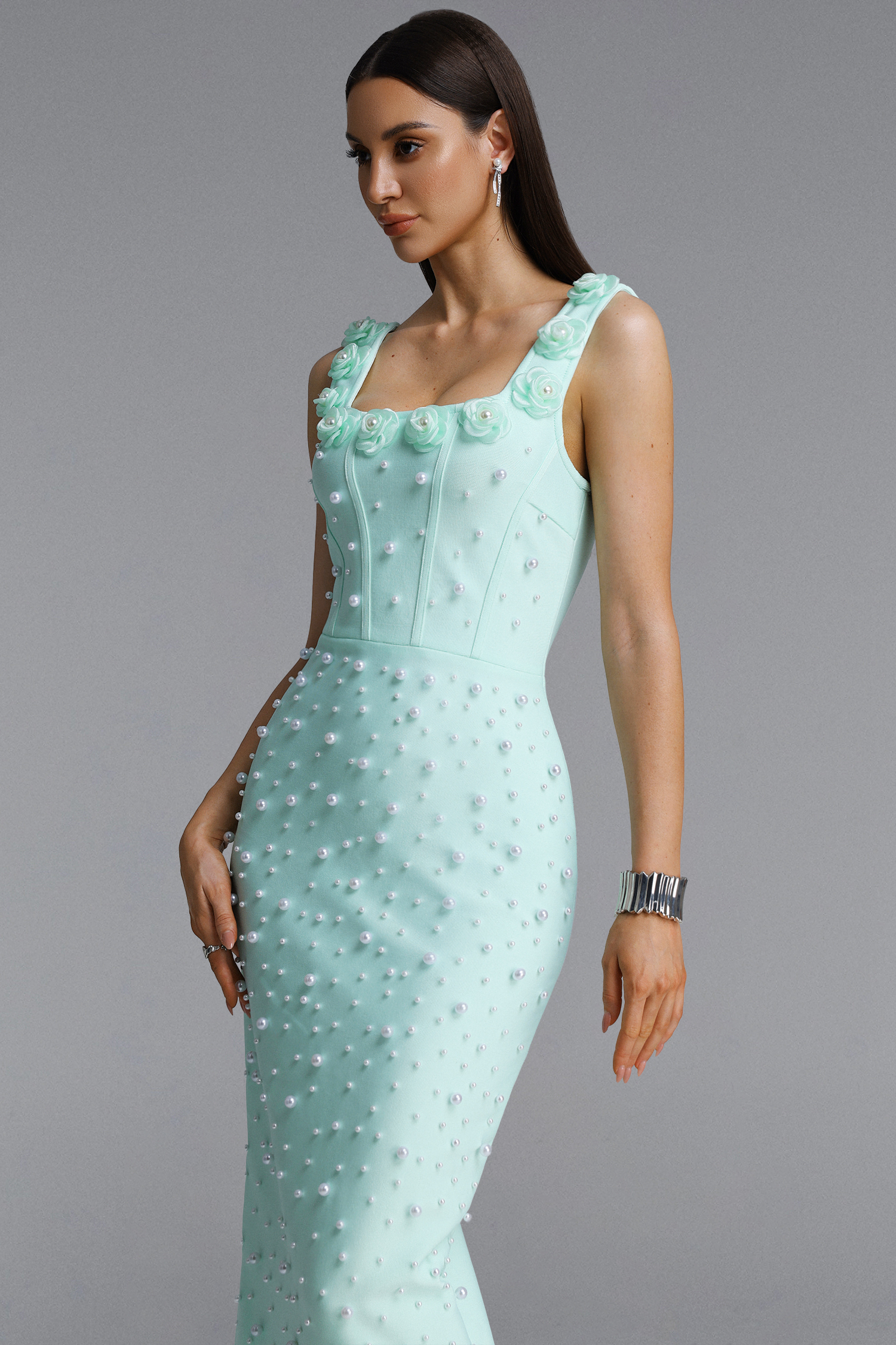 Shea Elegant Contour Square Neck Floral Pearl Bandage Green Maxi Dress