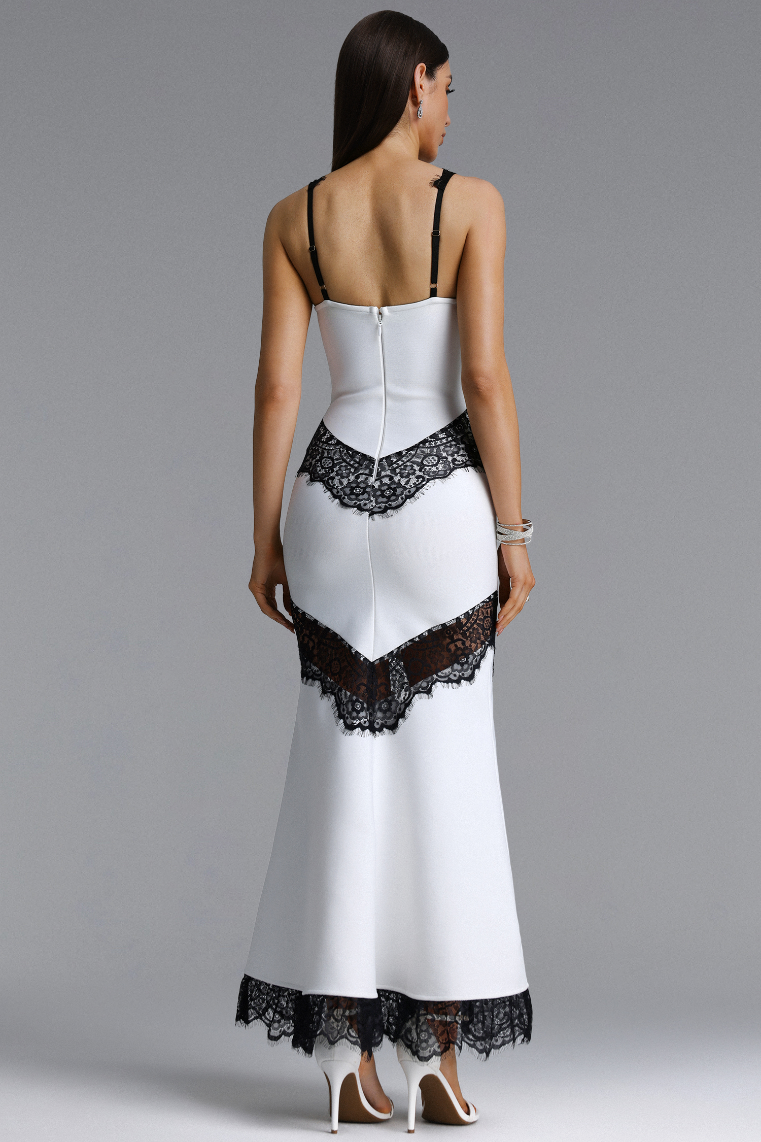 Neela Sexy V Neck Tie Contrast Lace Bandage Maxi Dress