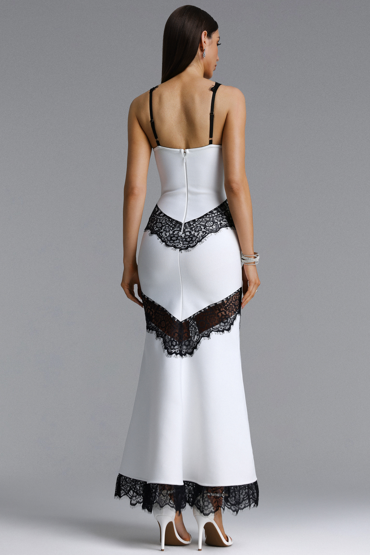 Neela Sexy V Neck Tie Contrast Lace Bandage Maxi Dress