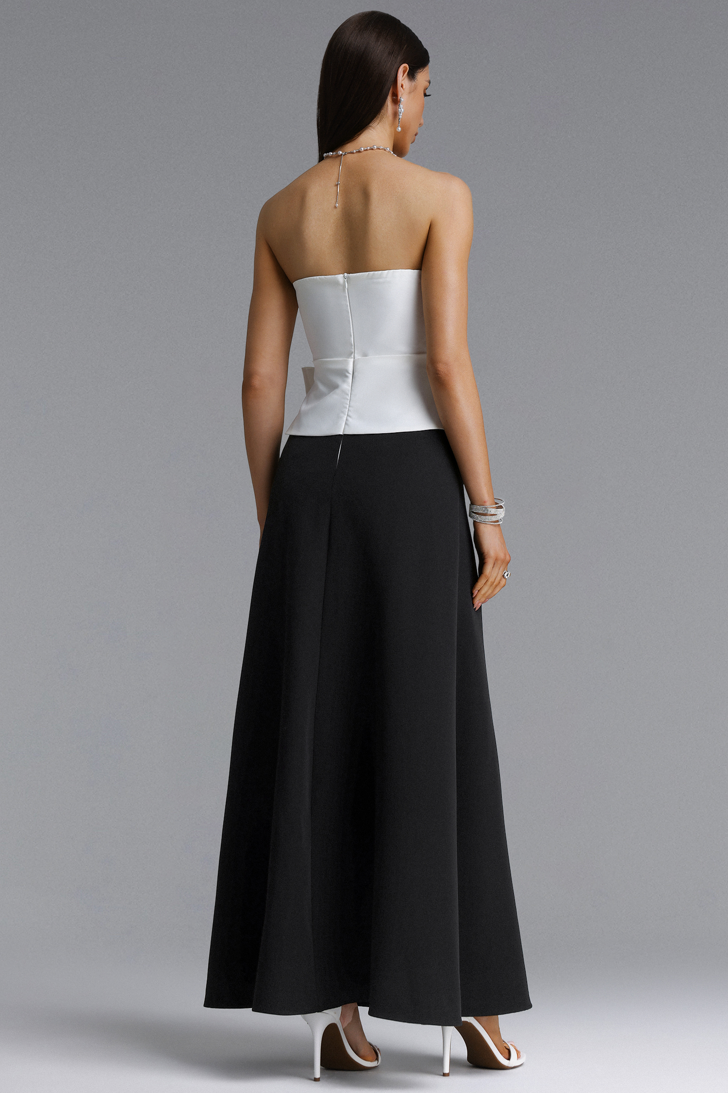 Yuico Elegant Tailored Strapless Pleated Bow Maxi Dress