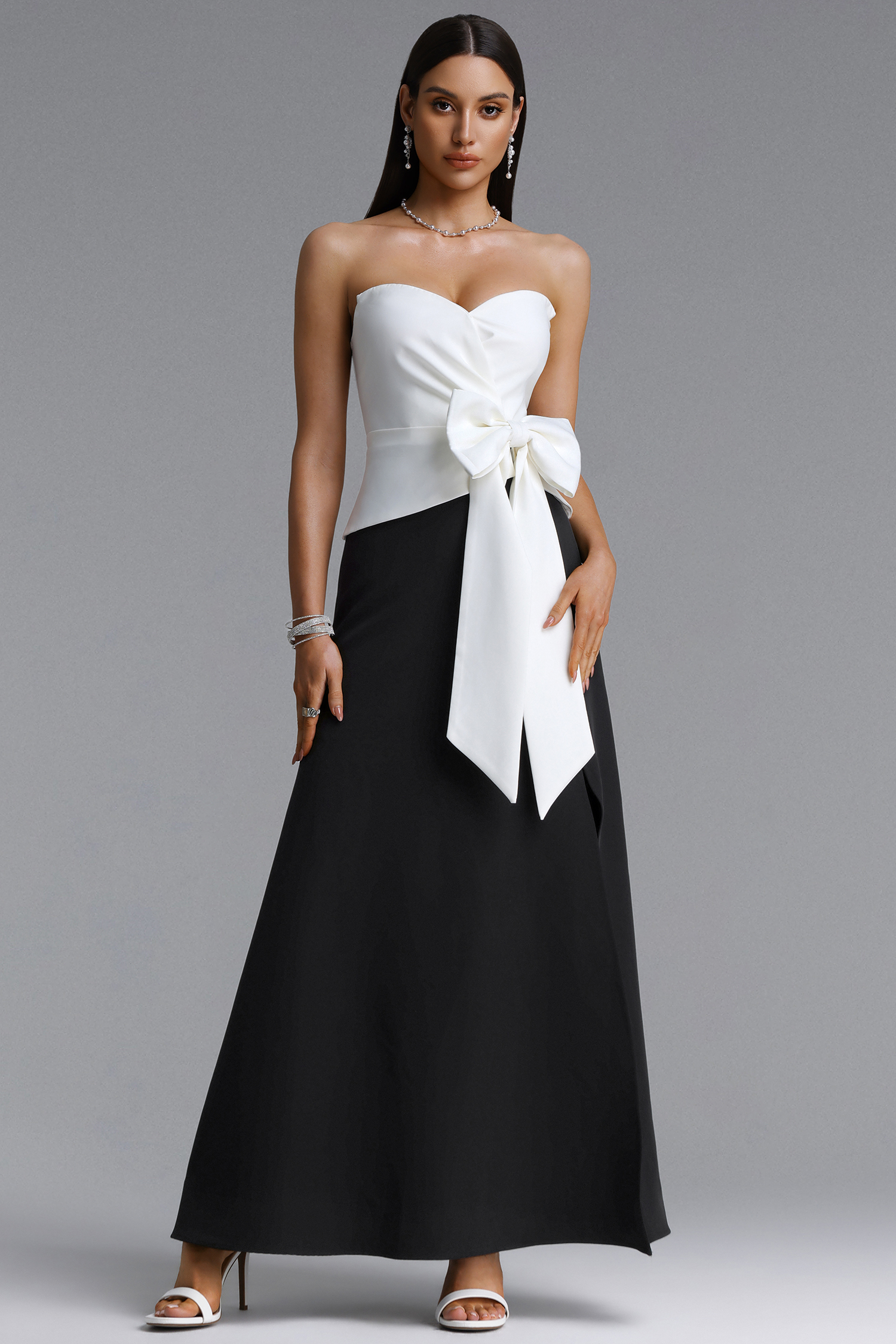 Yuico Elegant Tailored Strapless Pleated Bow Maxi Dress