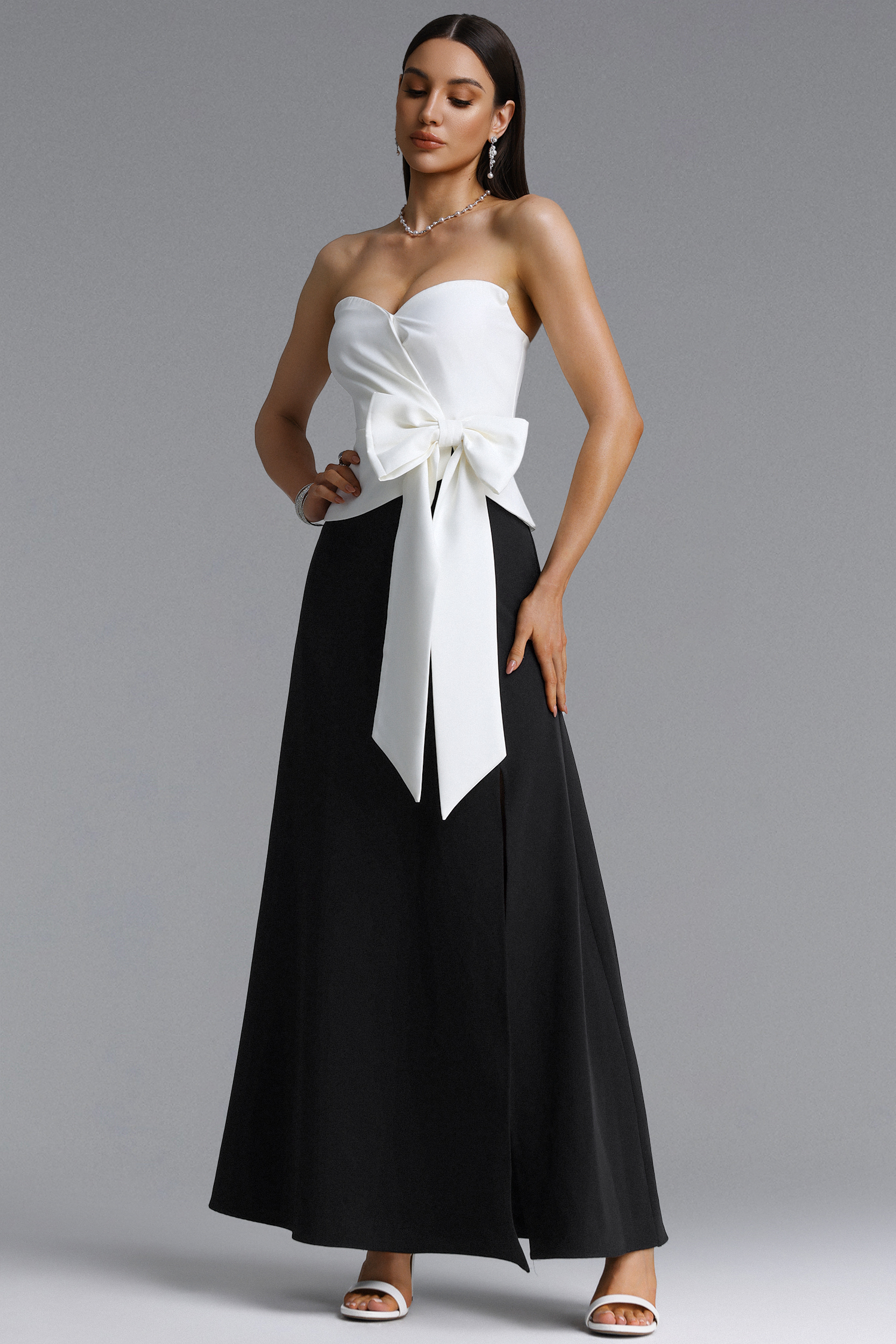 Yuico Elegant Tailored Strapless Pleated Bow Maxi Dress