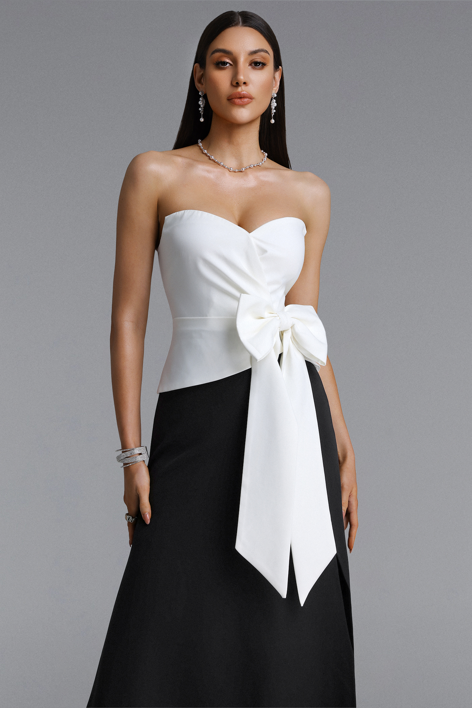 Yuico Elegant Tailored Strapless Pleated Bow Maxi Dress