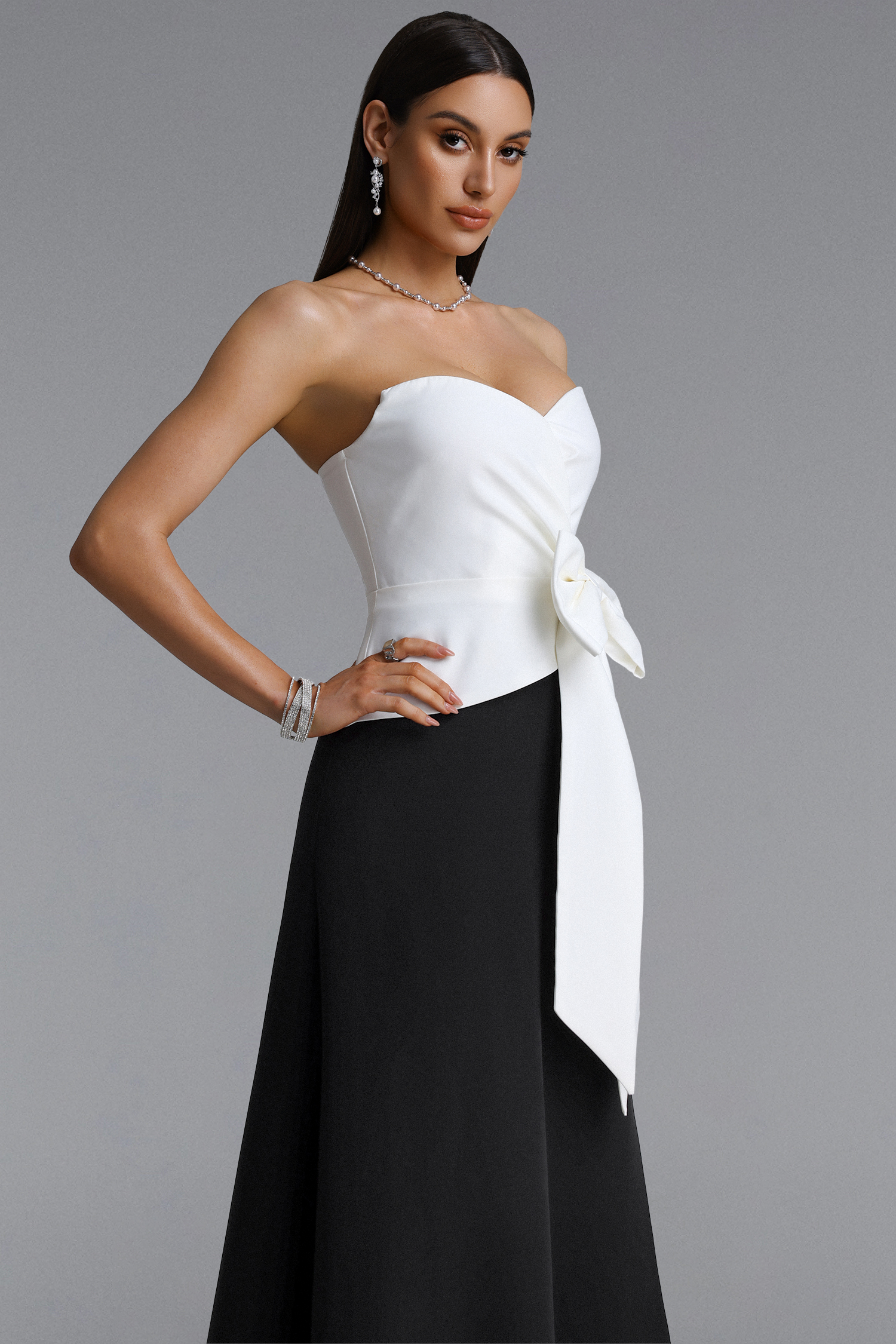 Yuico Elegant Tailored Strapless Pleated Bow Maxi Dress