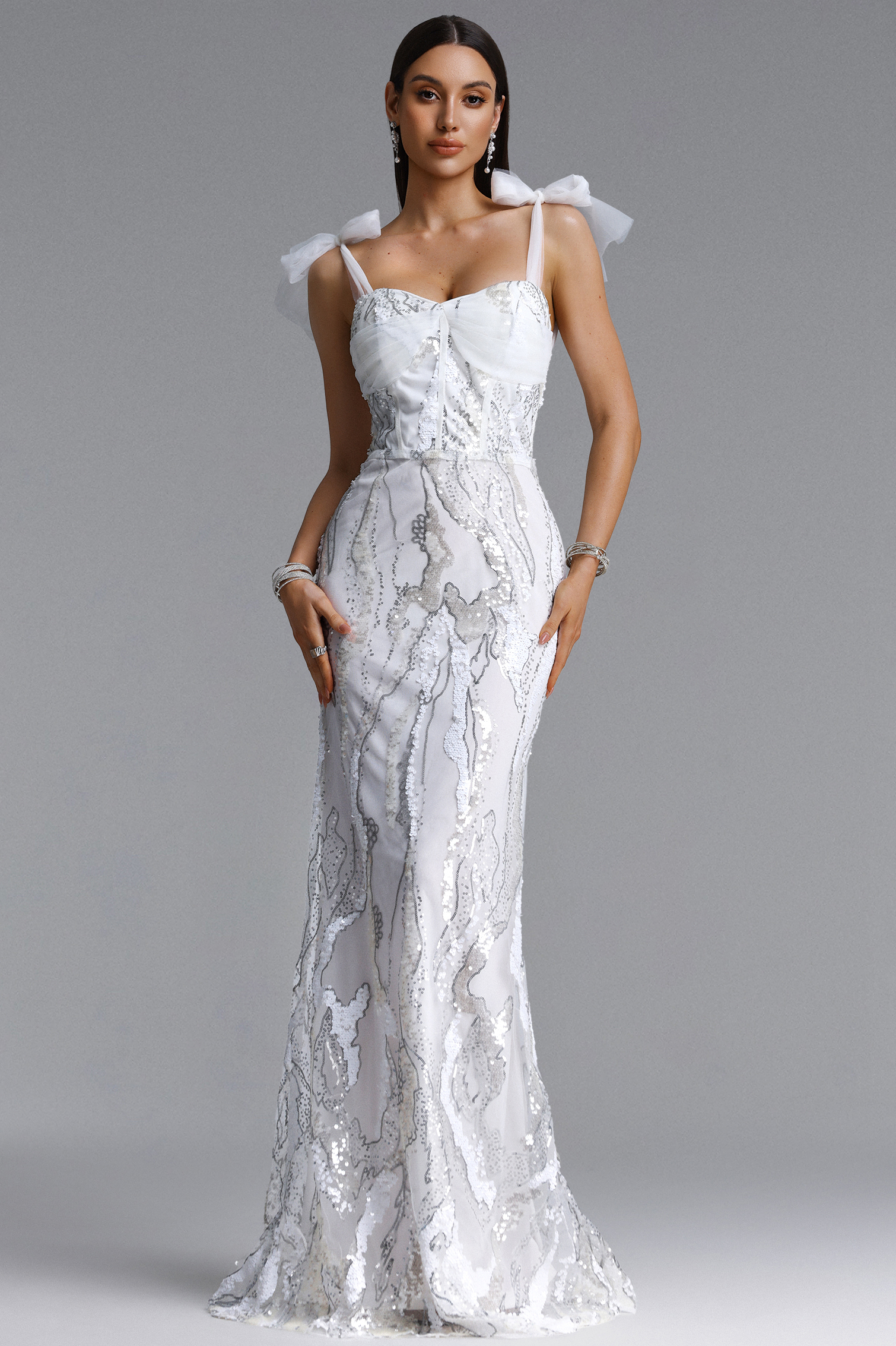 Sophie Elegant Thin Strap Bow Sequin Maxi Dress
