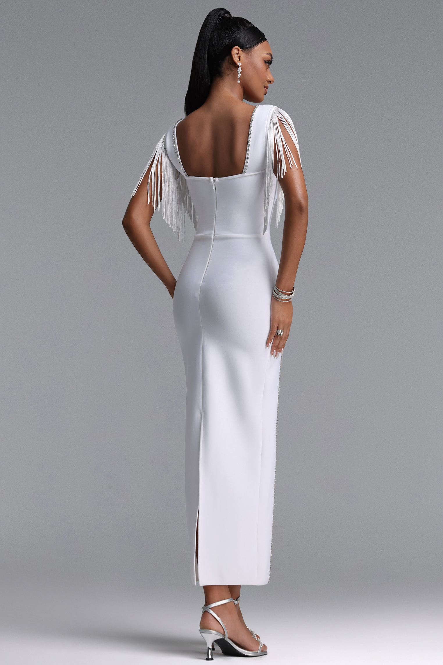 Loran Minimalist Fitted Fringe Rhinestone Maxi Bandage Dress