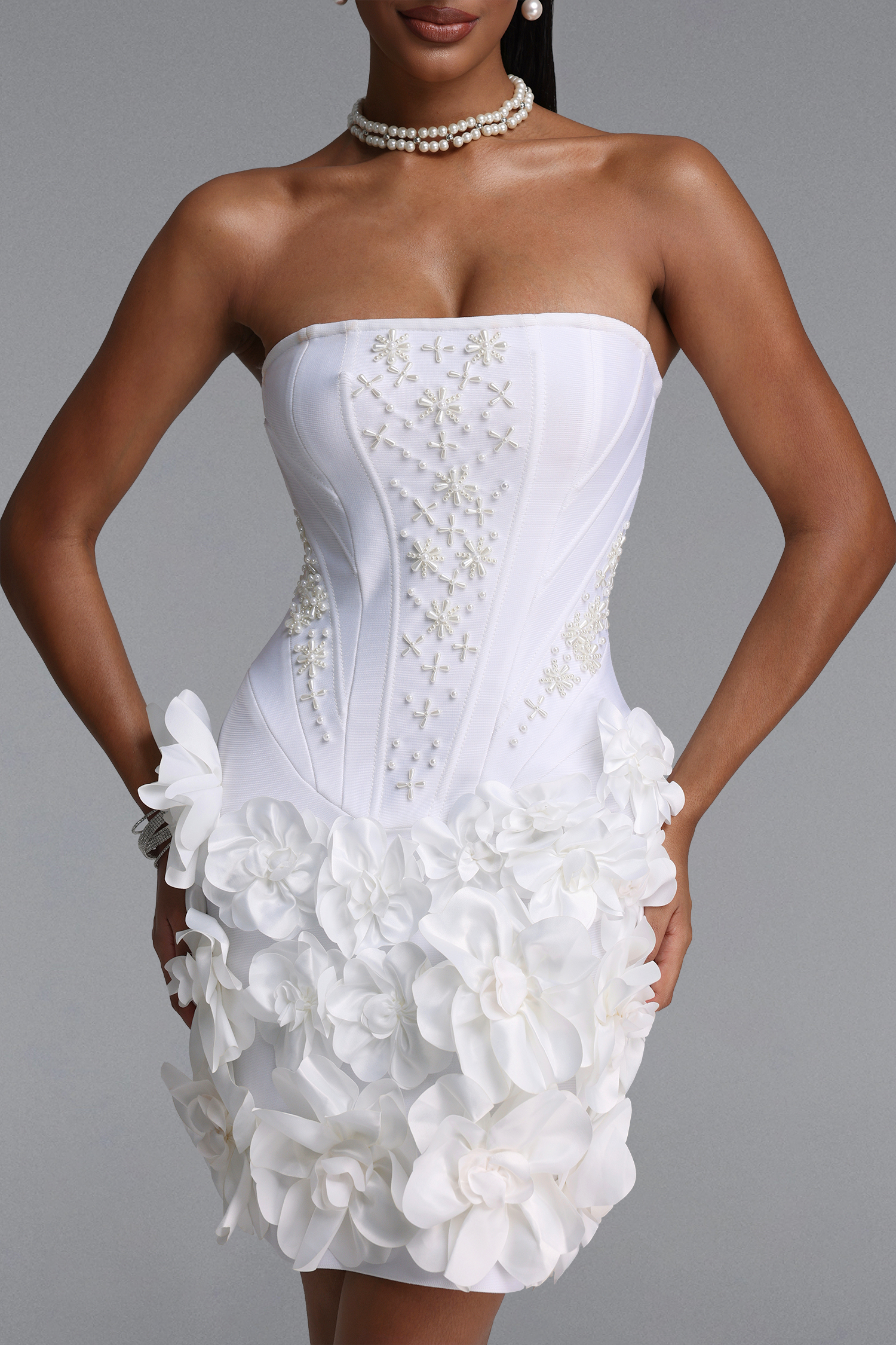 Elegant Waist-Cinched Strapless Pearl Floral Mini Bandage Dress
