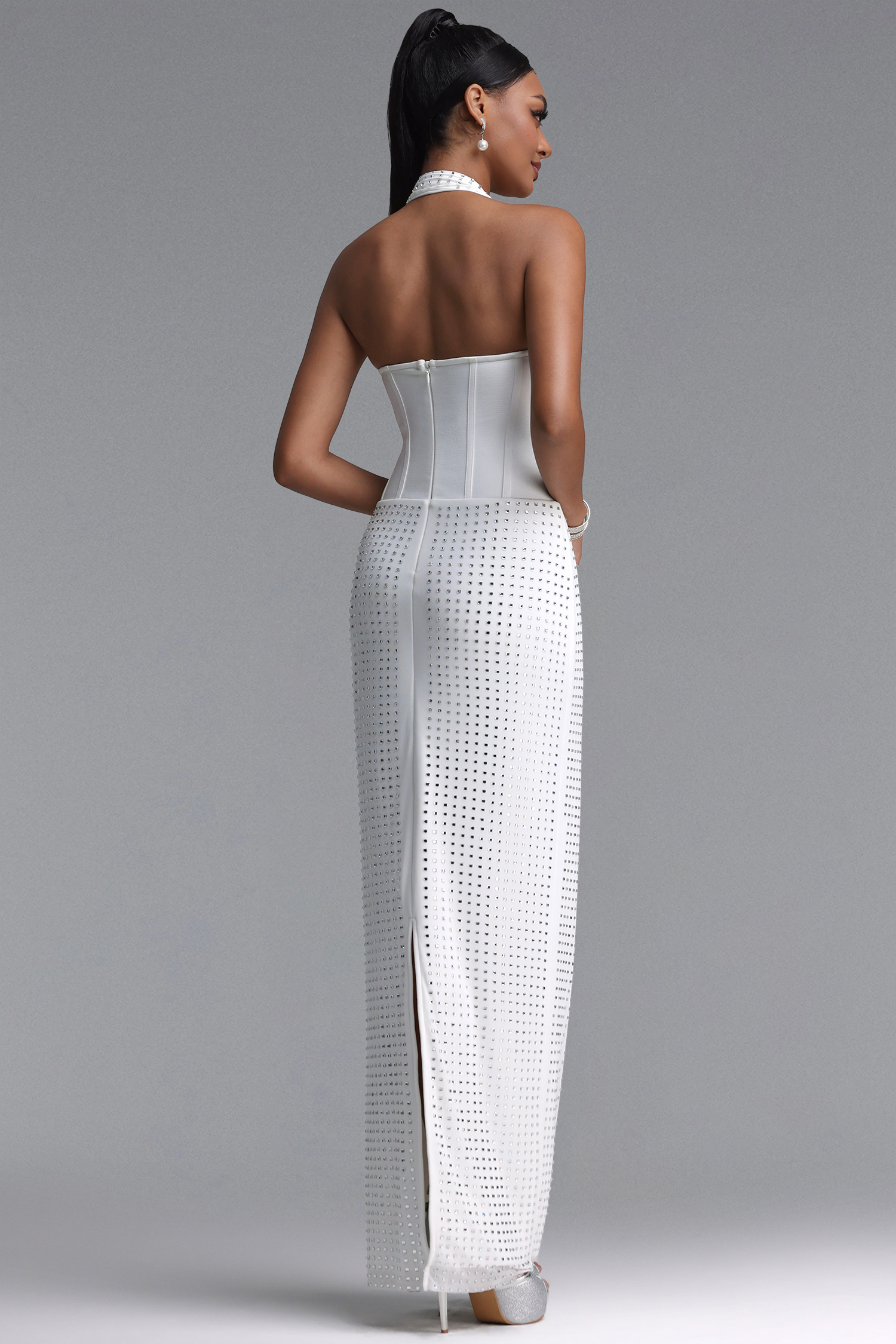 Tess Elegant Waist-Cinched Halter Rhinestone Maxi Bandage Dress