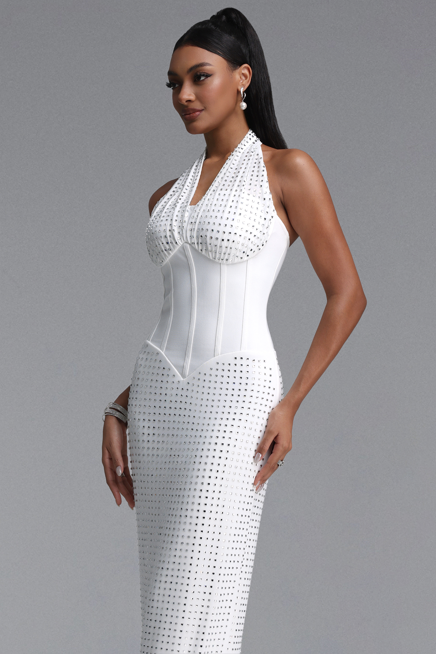 Tess Elegant Waist-Cinched Halter Rhinestone Maxi Bandage Dress