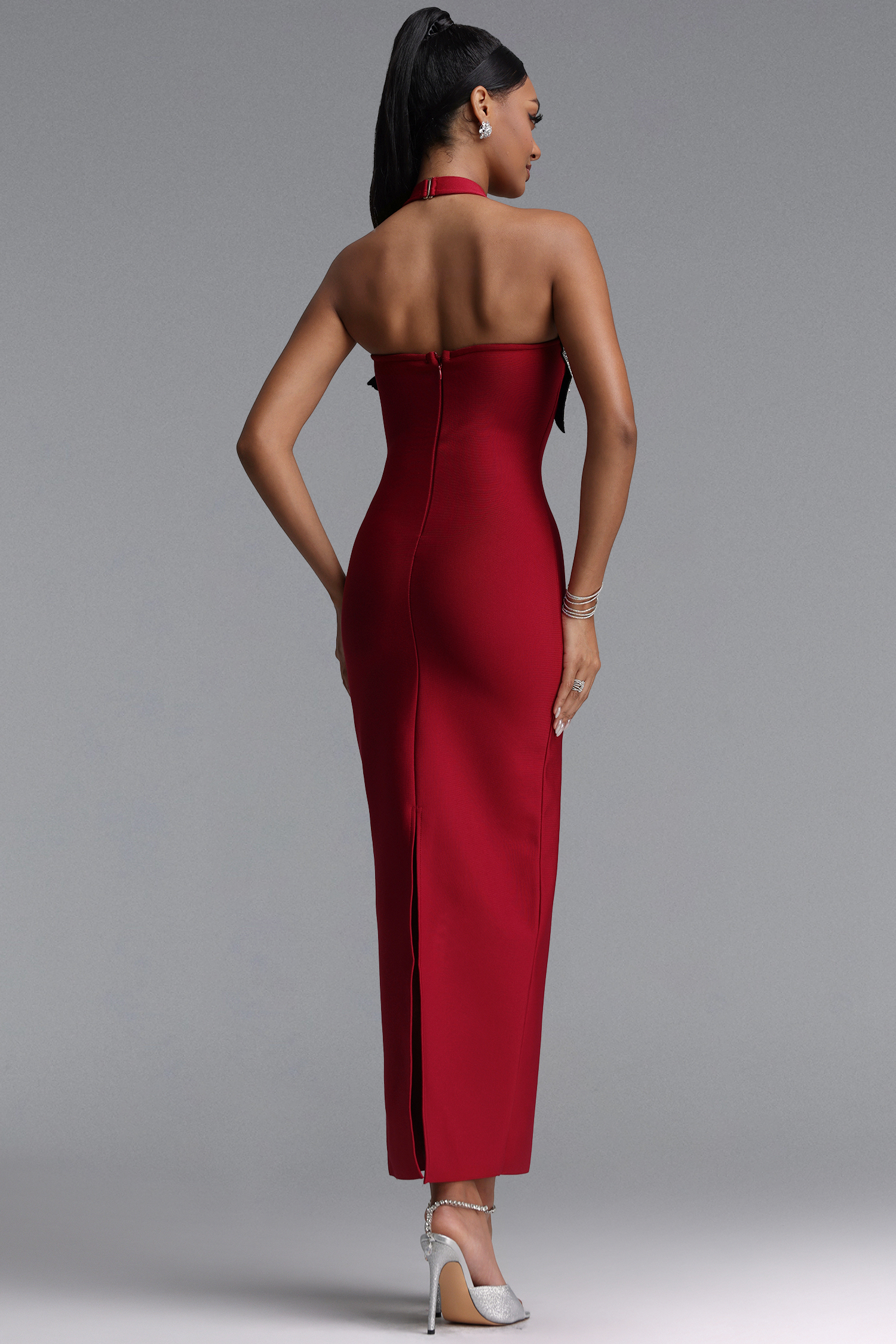 Lennon Stylish Fitted Halter Floral Rhinestone Maxi Bandage Dress