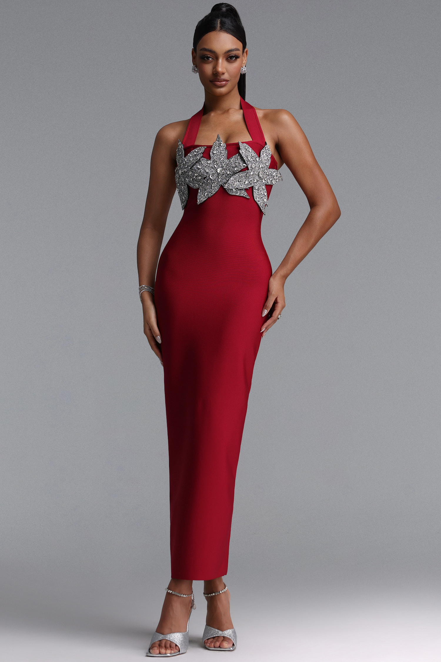 Lennon Stylish Fitted Halter Floral Rhinestone Maxi Bandage Dress