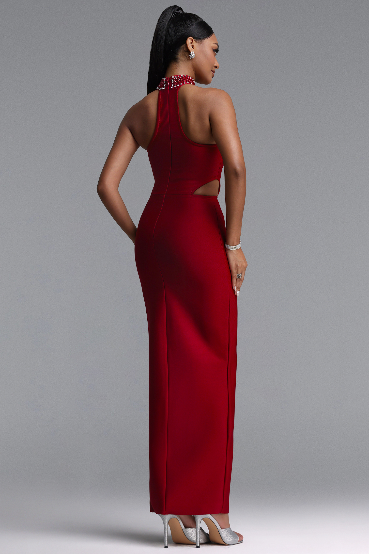Kiyami Sexy Fitted Halter Rhinestone Hollow Slit Maxi Bandage Dress