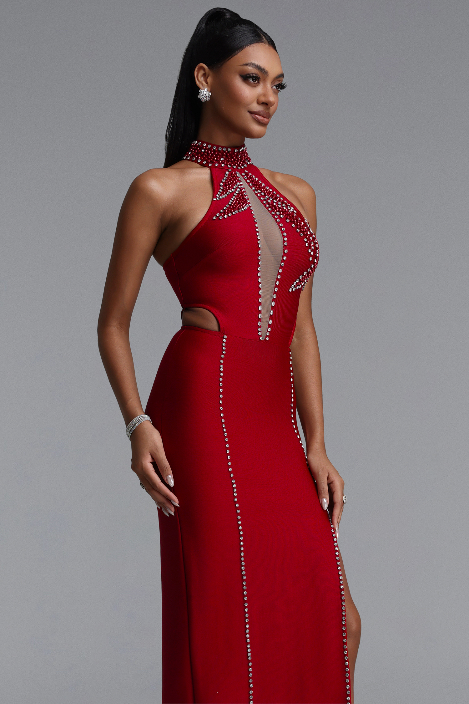 Kiyami Sexy Fitted Halter Rhinestone Hollow Slit Maxi Bandage Dress