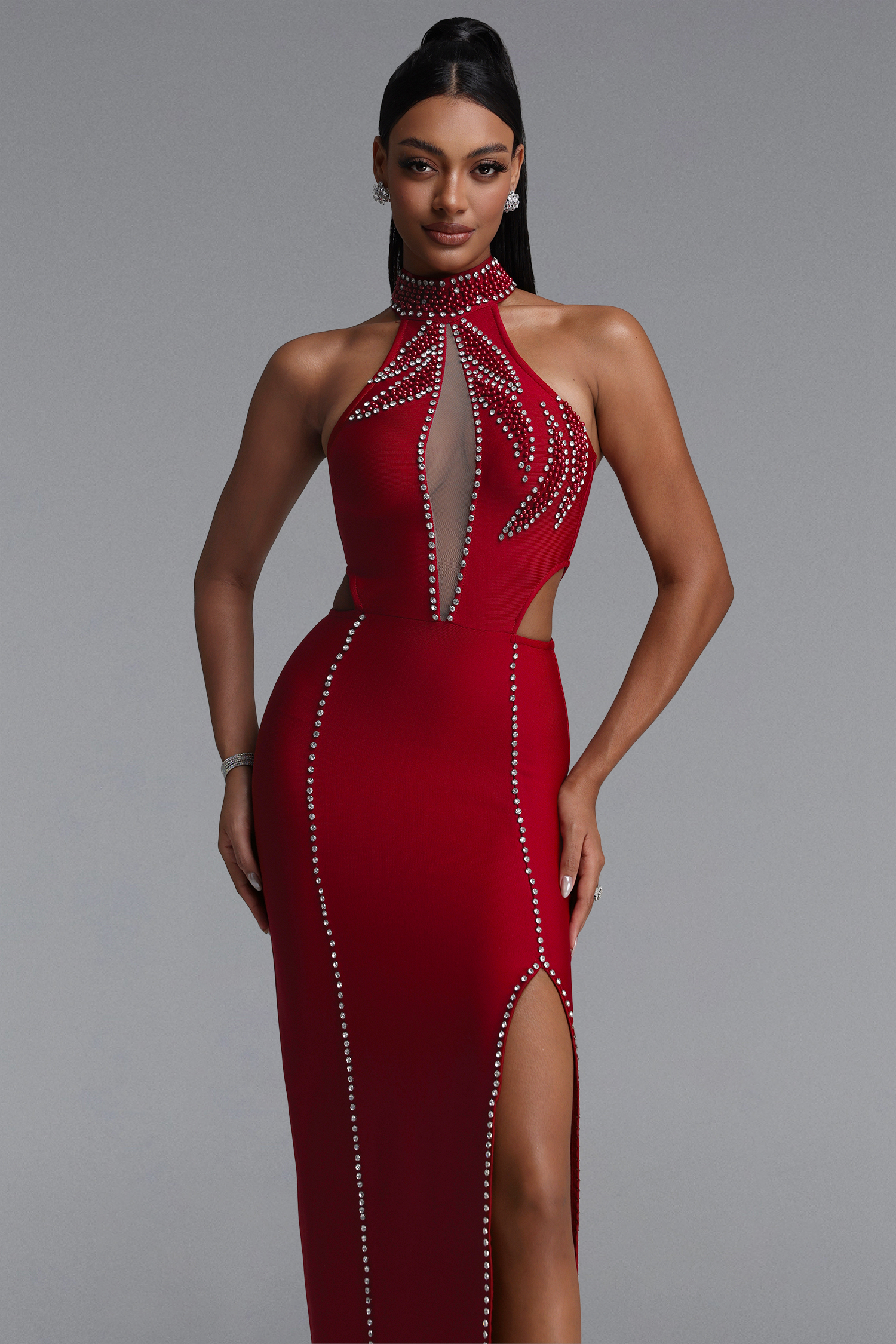 Kiyami Sexy Fitted Halter Rhinestone Hollow Slit Maxi Bandage Dress