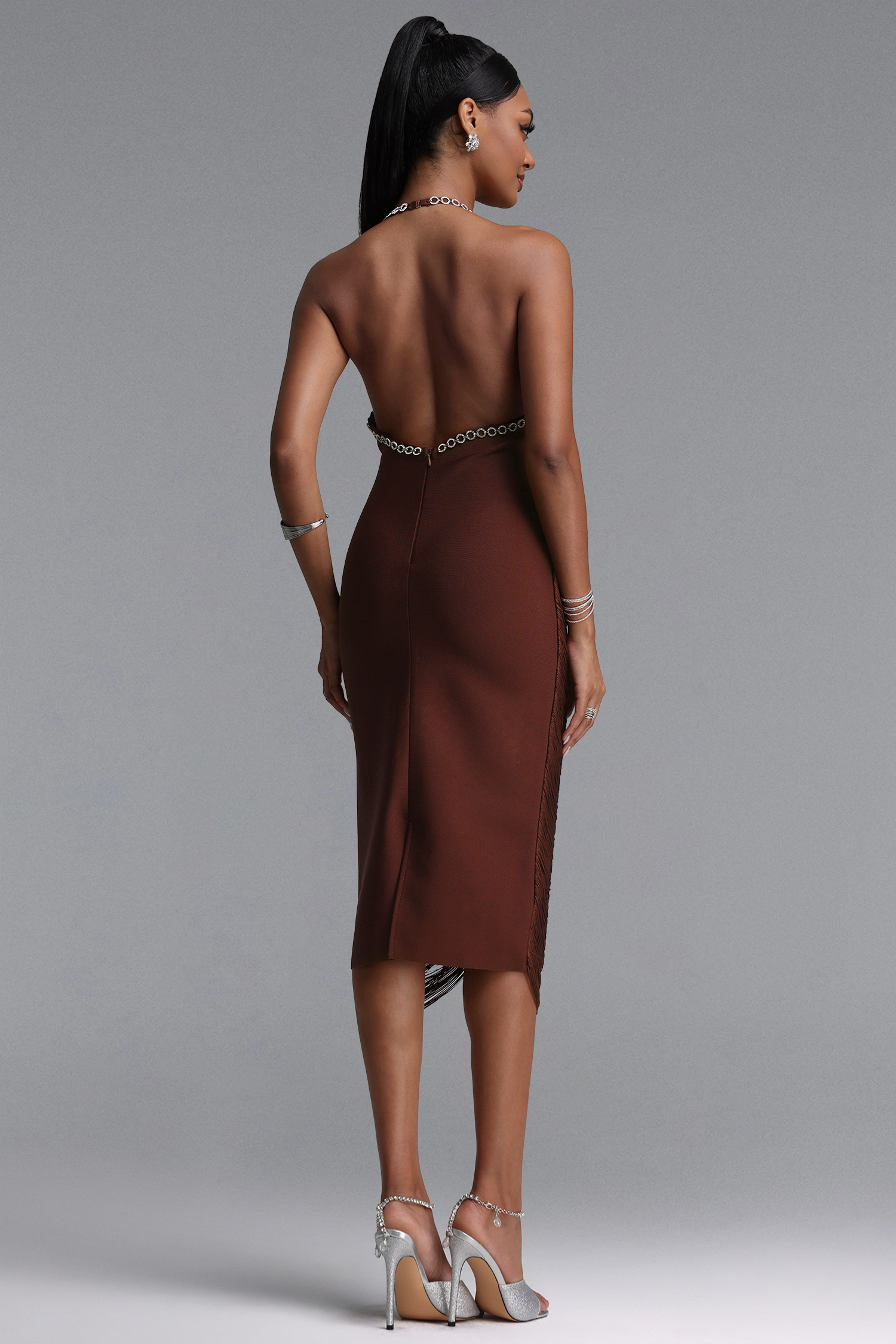 Zem Elegant Fitted Halter Rhinestone Tassel Midi Bandage Dress