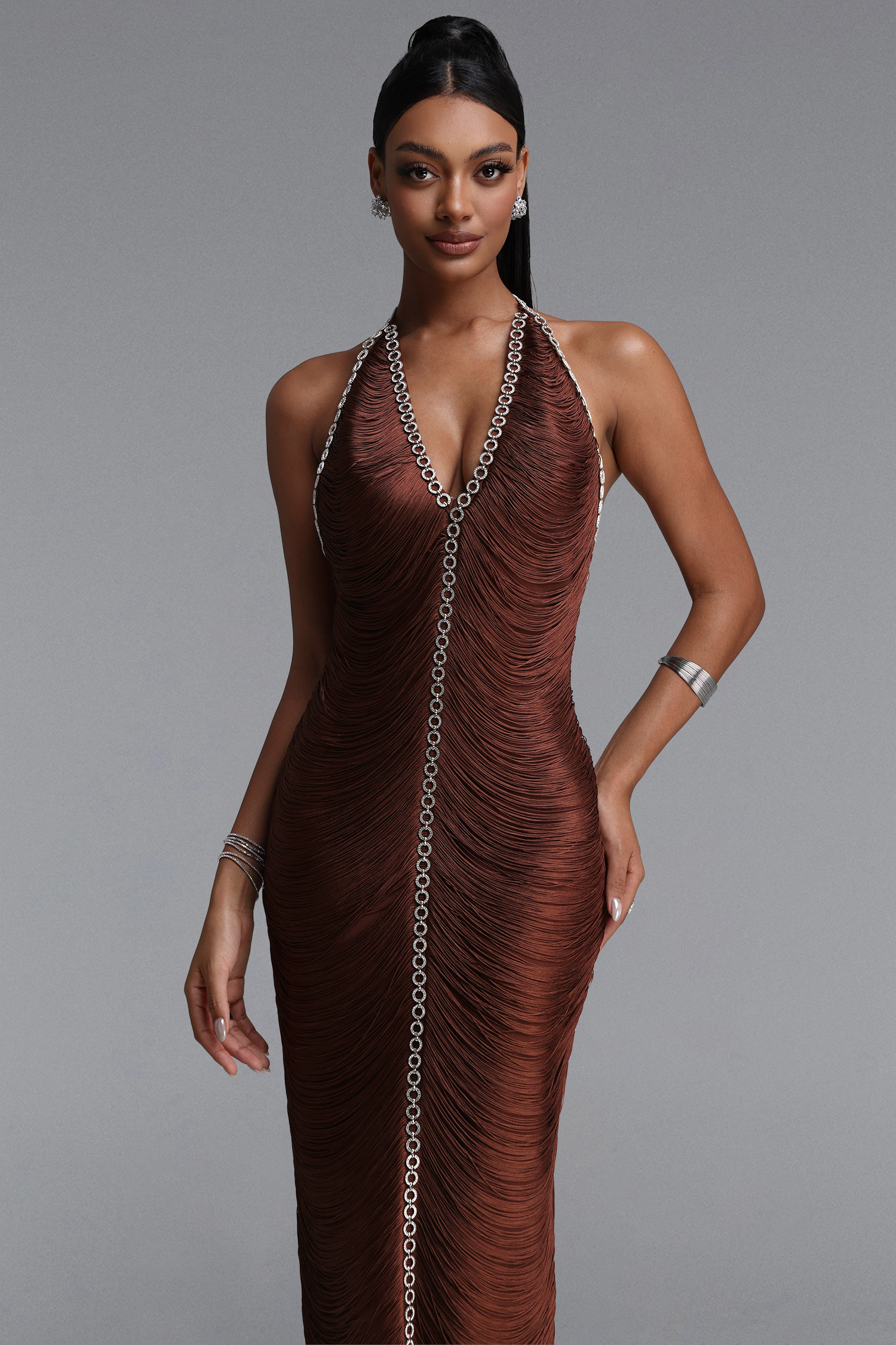 Zem Elegant Fitted Halter Rhinestone Tassel Midi Bandage Dress