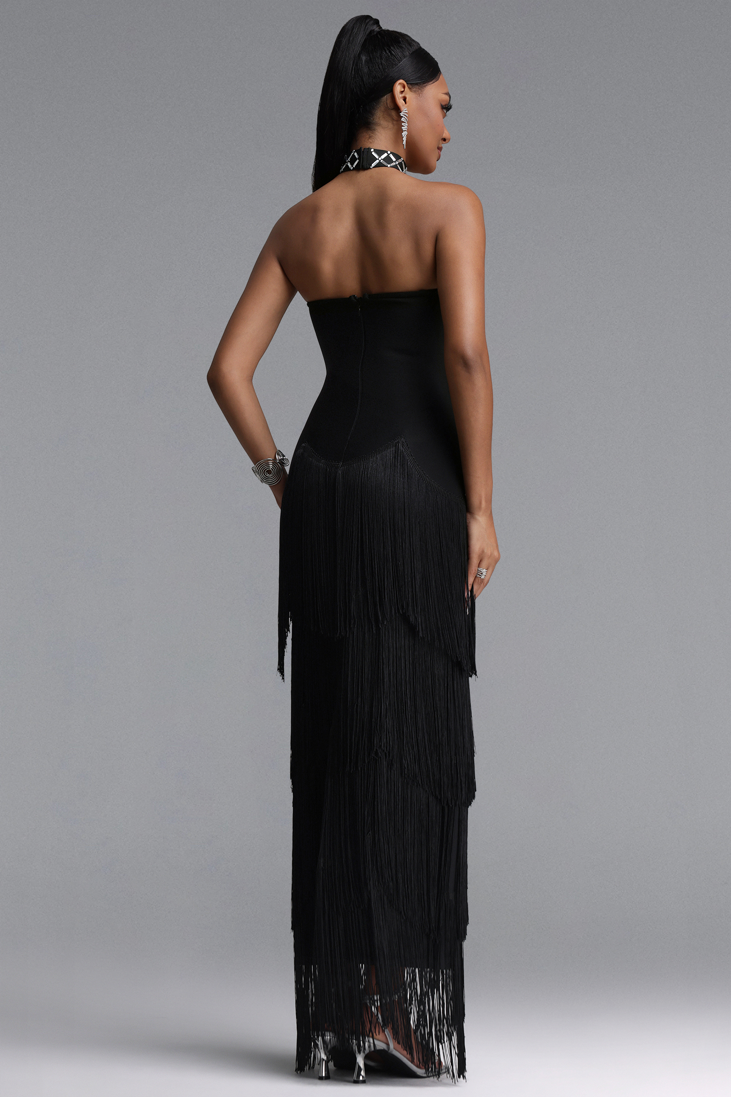 Hayden Glamorous Contour Strapless Rhinestone Fringe Bandage Maxi Dress
