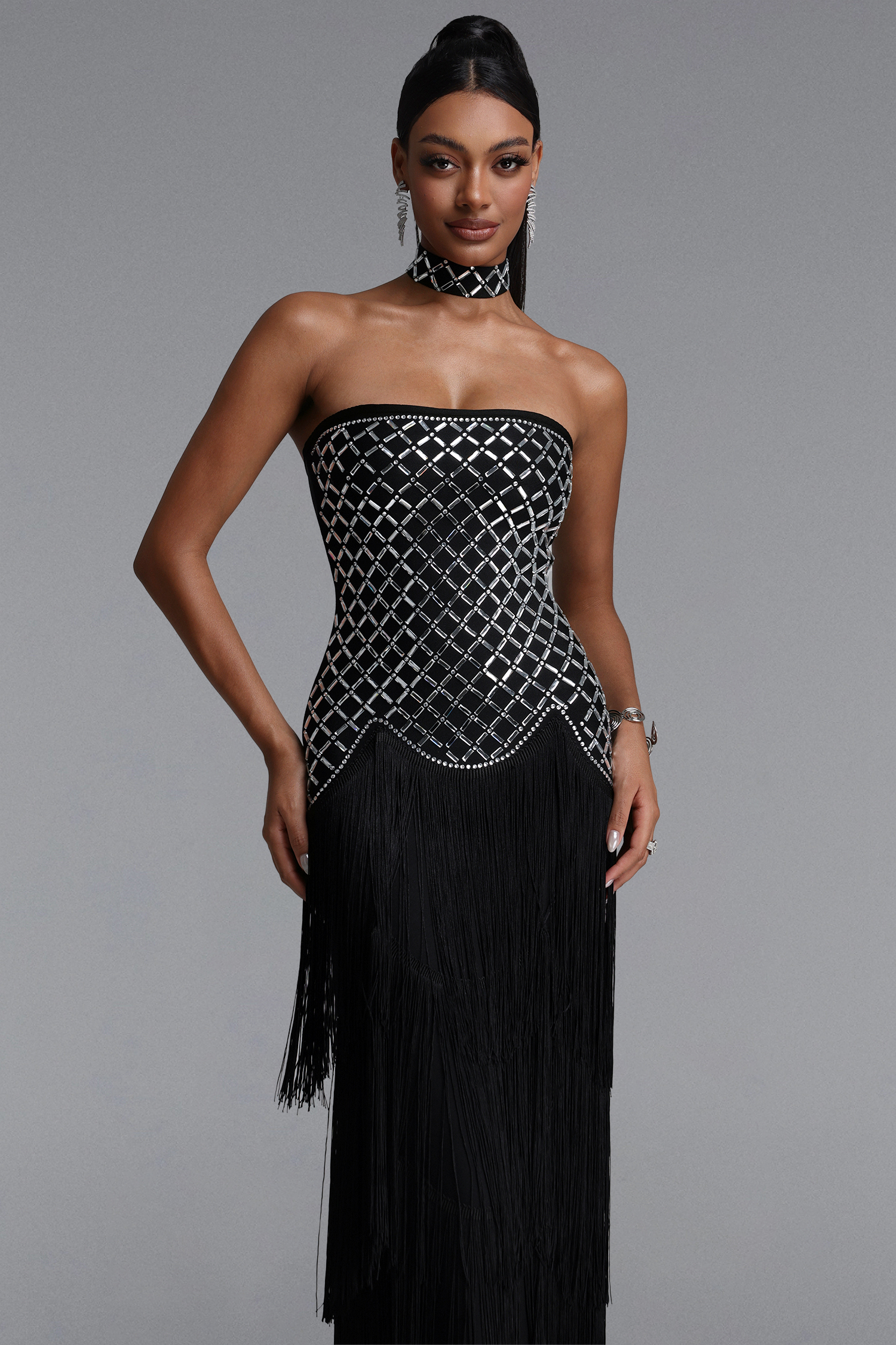 Hayden Glamorous Contour Strapless Rhinestone Fringe Bandage Maxi Dress