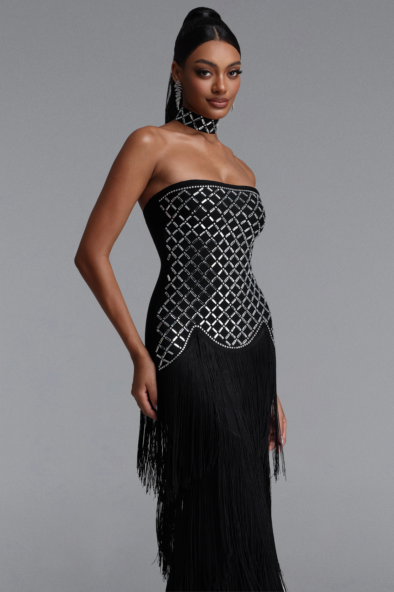 Hayden Glamorous Contour Strapless Rhinestone Fringe Bandage Maxi Dress