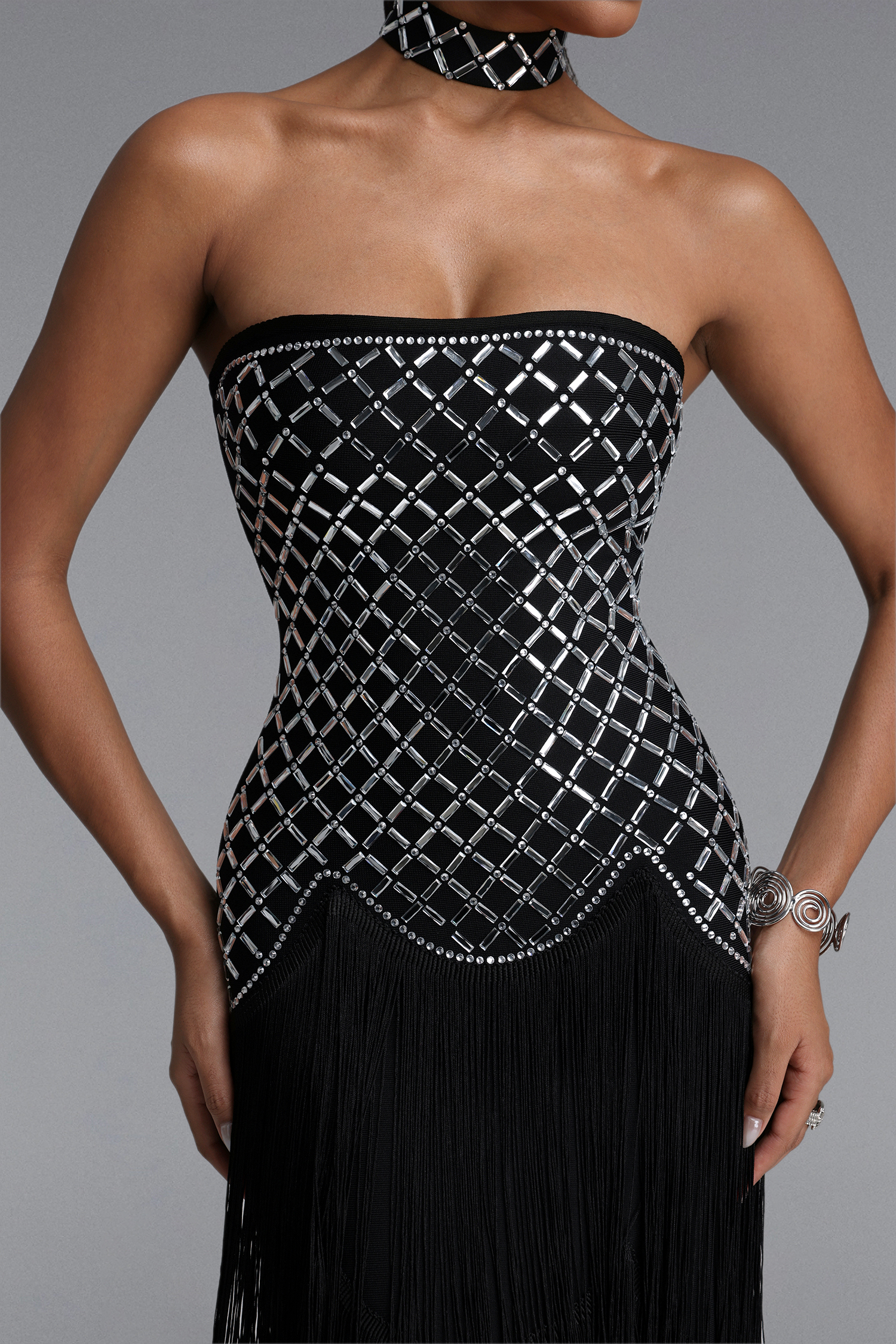 Hayden Glamorous Contour Strapless Rhinestone Fringe Bandage Maxi Dress