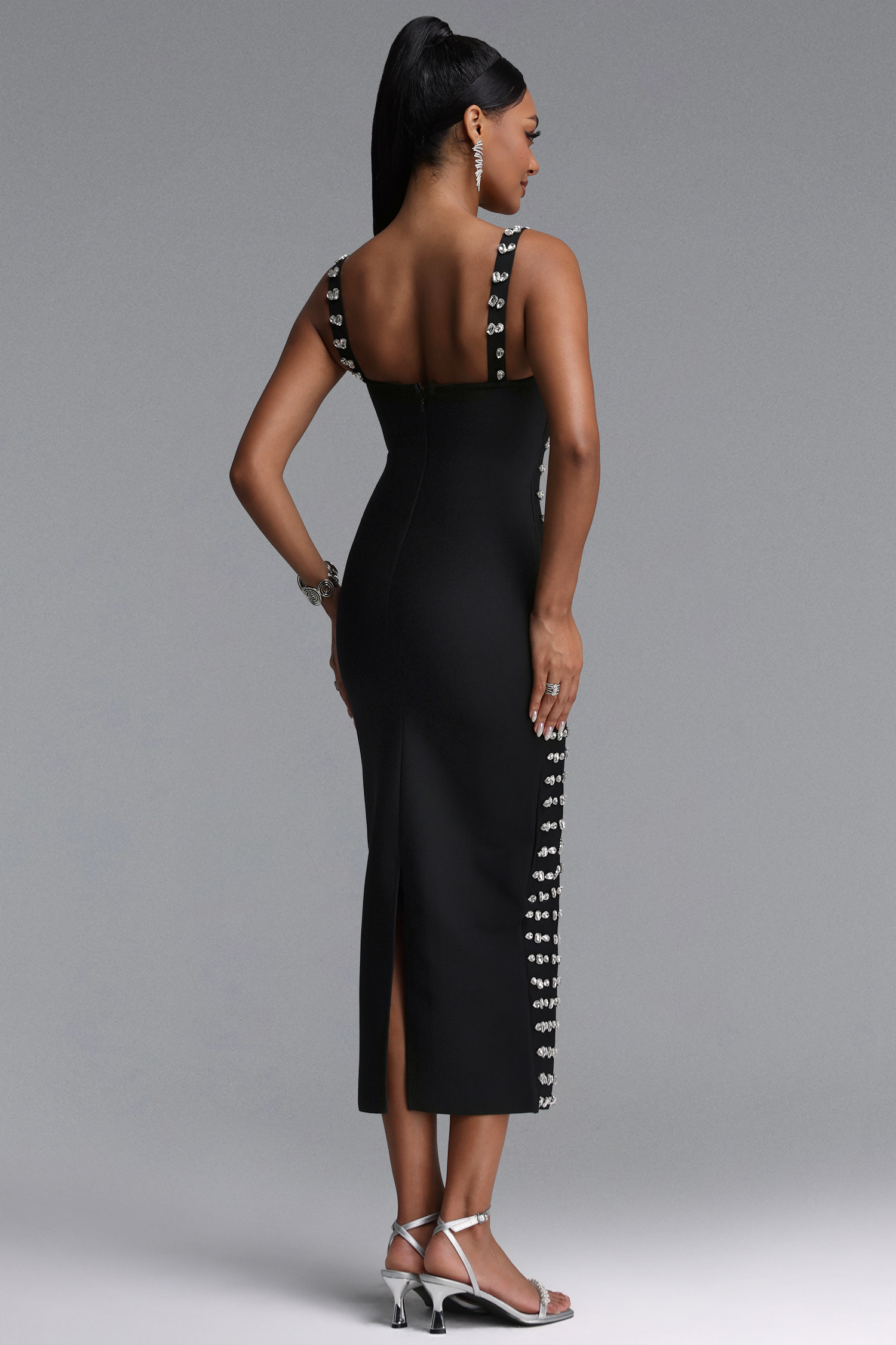 Mayali Exquisite Waist-Cinched Spaghetti Strap Hand Rhinestone Long Bandage Dress