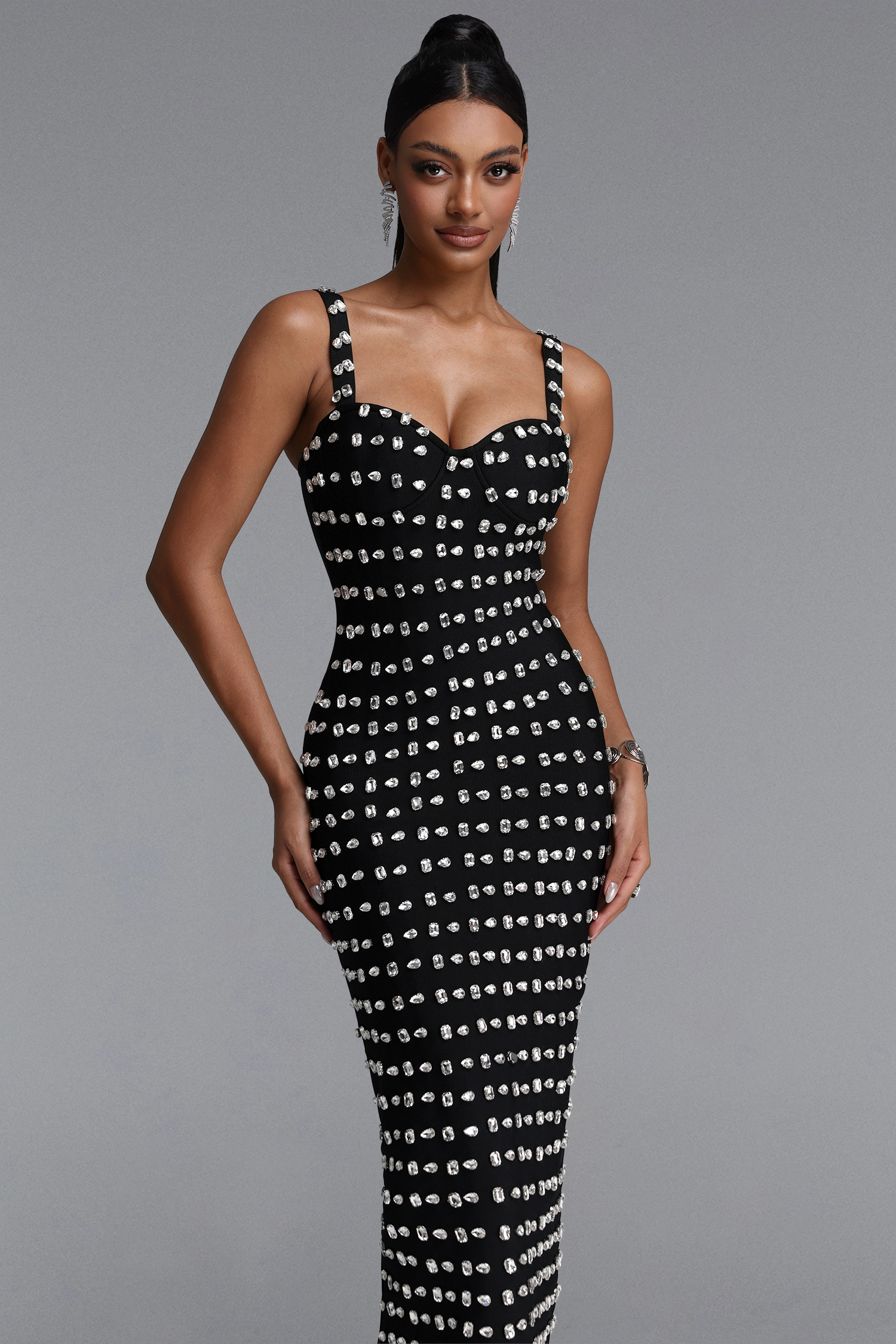 Mayali Exquisite Waist-Cinched Spaghetti Strap Hand Rhinestone Long Bandage Dress