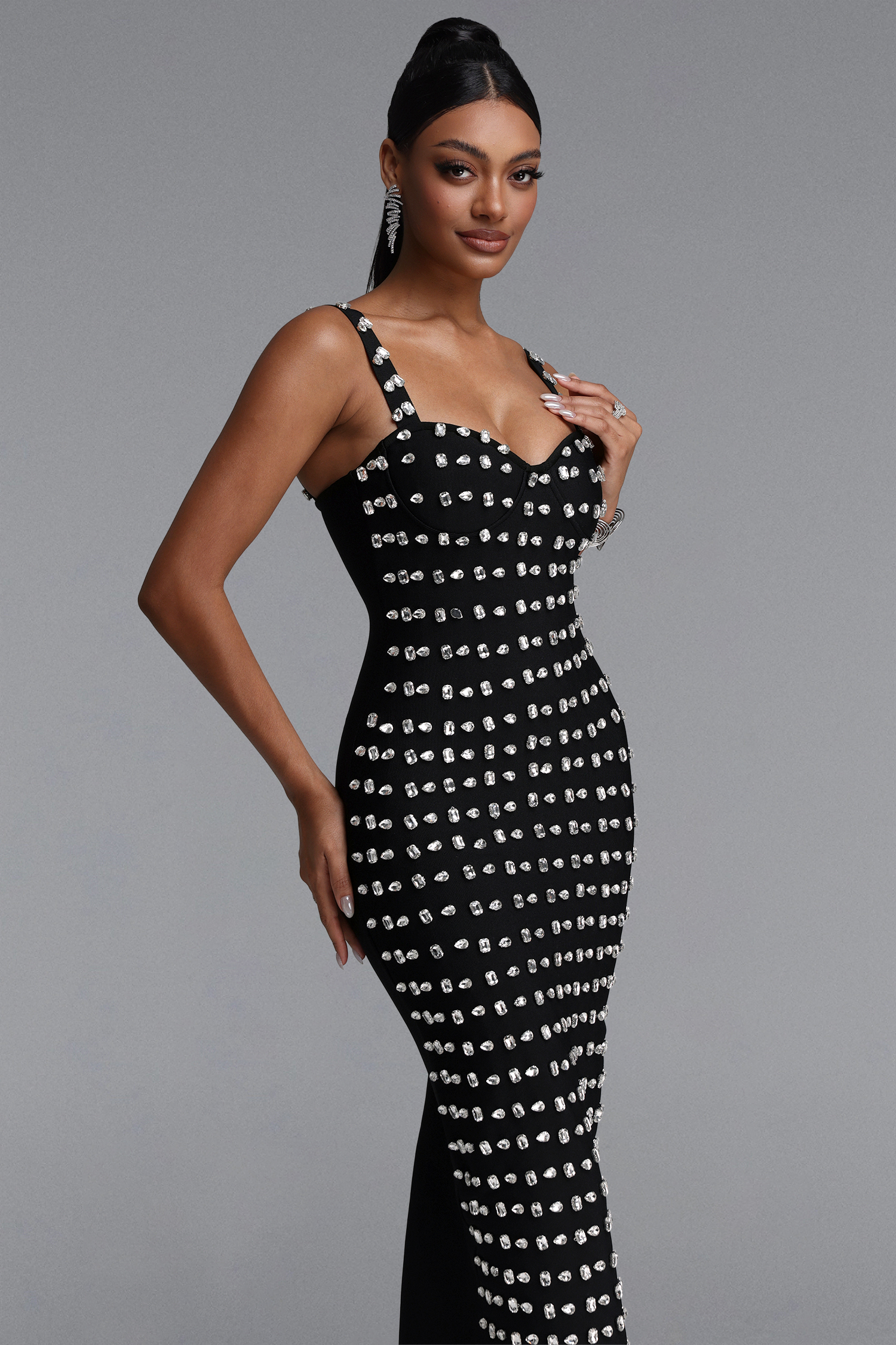 Mayali Exquisite Waist-Cinched Spaghetti Strap Hand Rhinestone Long Bandage Dress