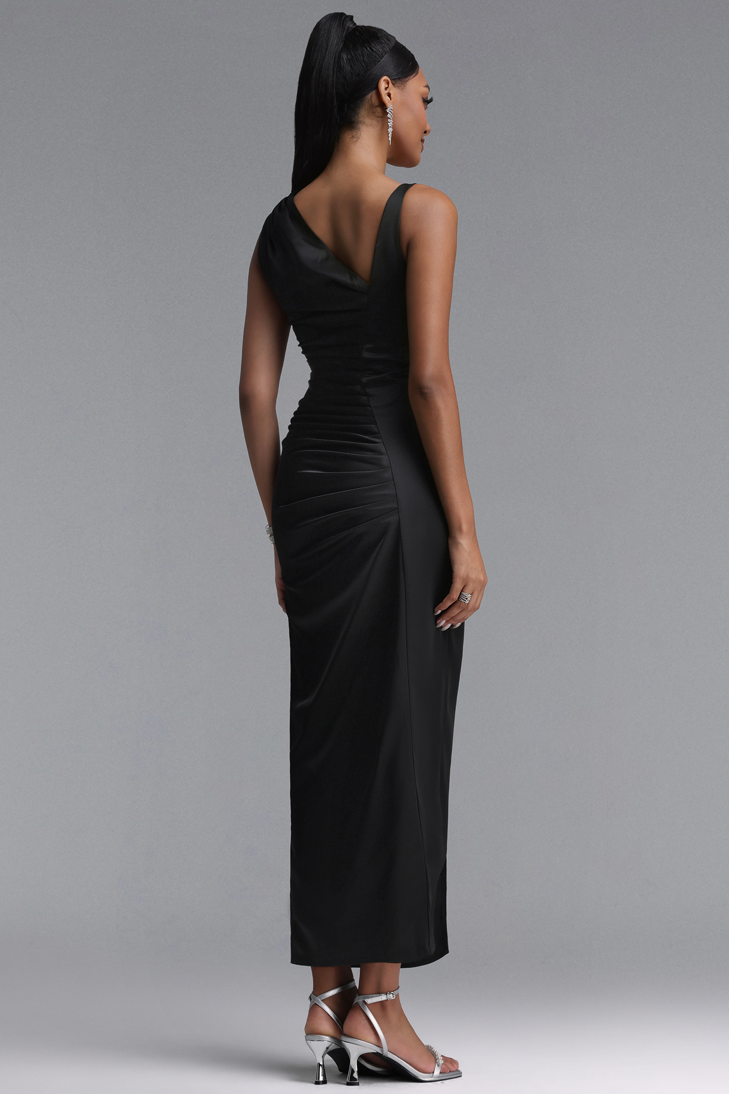 Marcella Chic Contour Asymmetrical Pleated Satin Black Maxi Dress