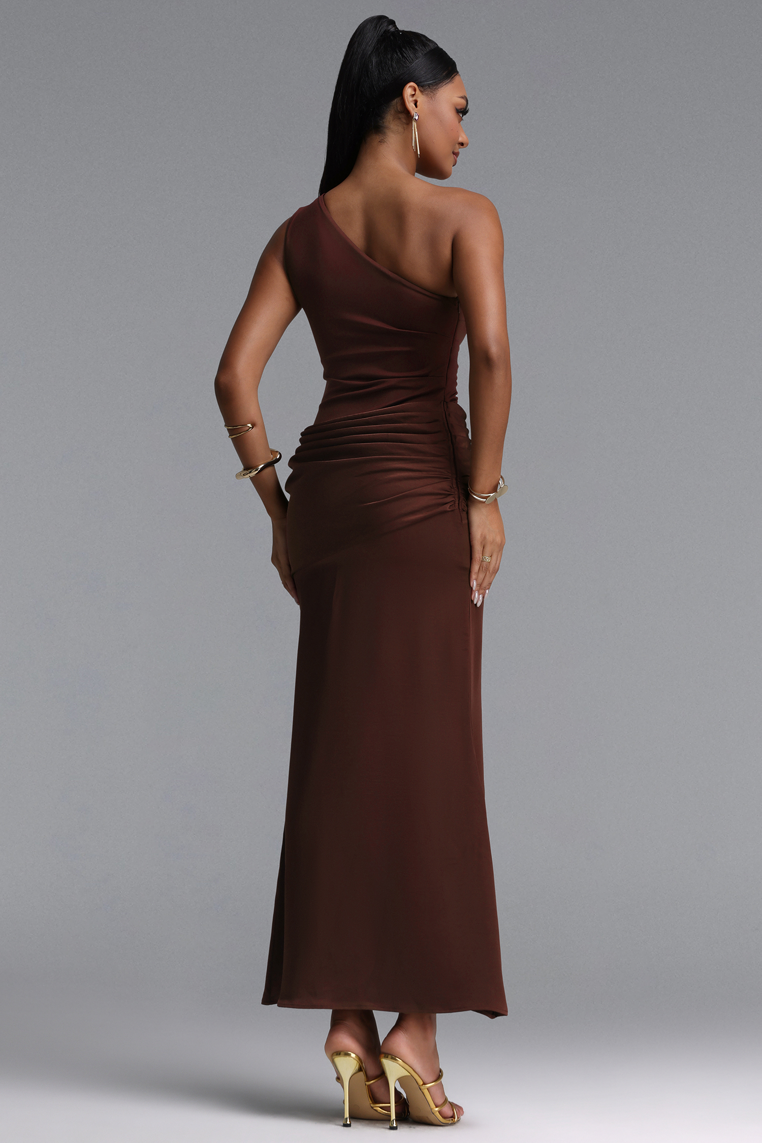 Helene Elegant Contour One Shoulder Pleated Maxi Dress
