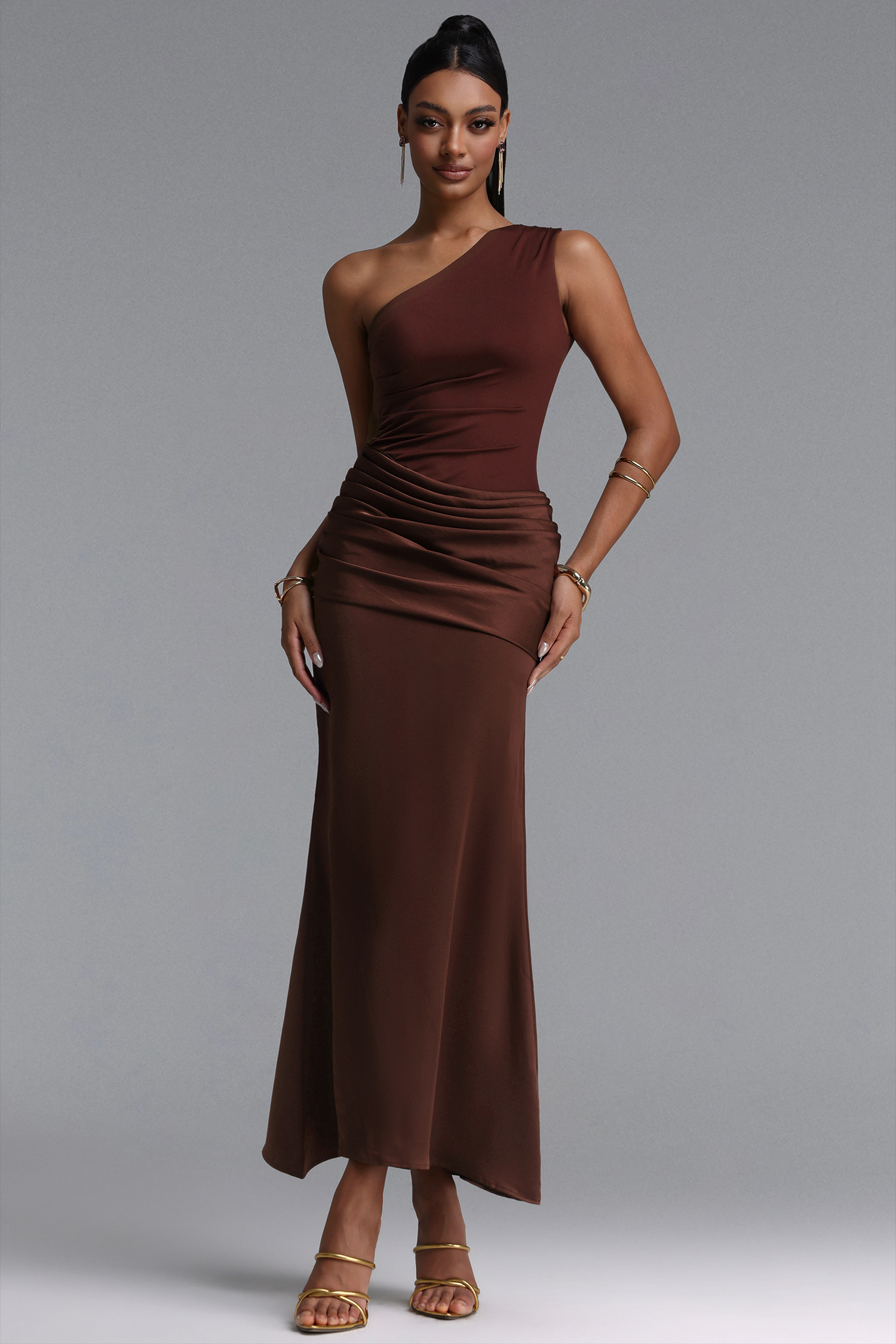 Helene Elegant Contour One Shoulder Pleated Maxi Dress