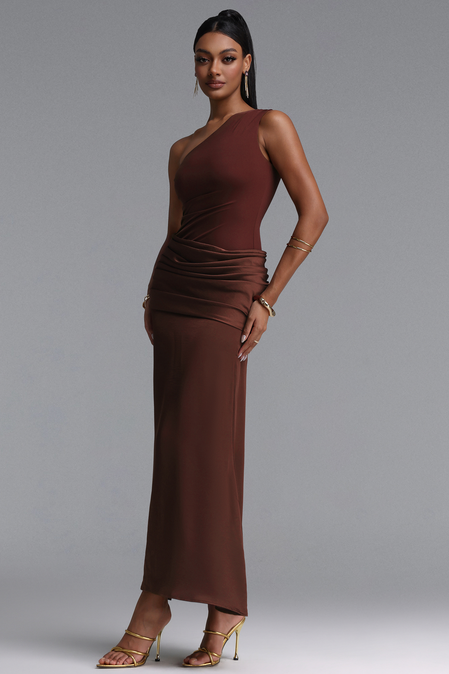 Helene Elegant Contour One Shoulder Pleated Maxi Dress