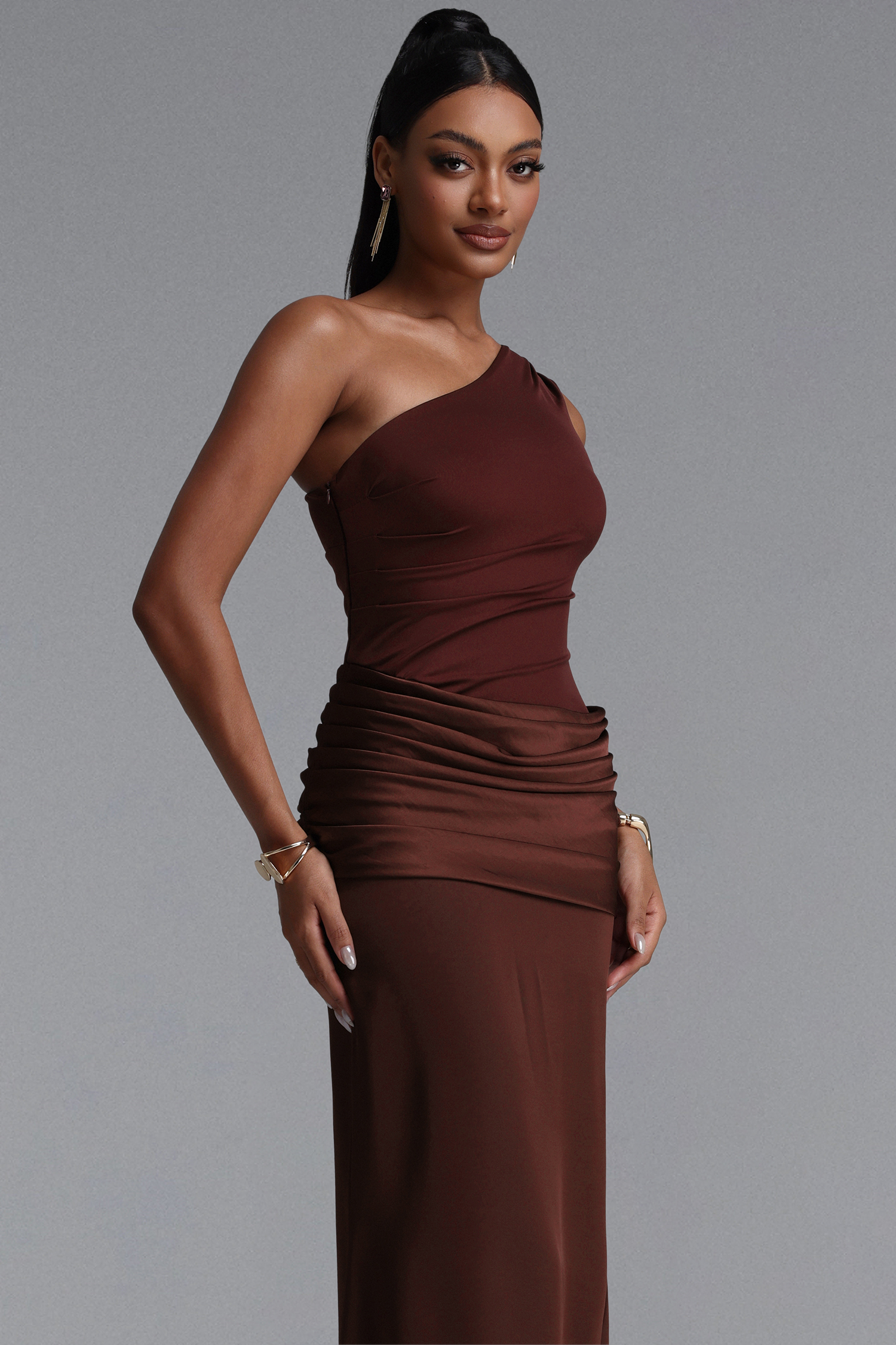 Helene Elegant Contour One Shoulder Pleated Maxi Dress